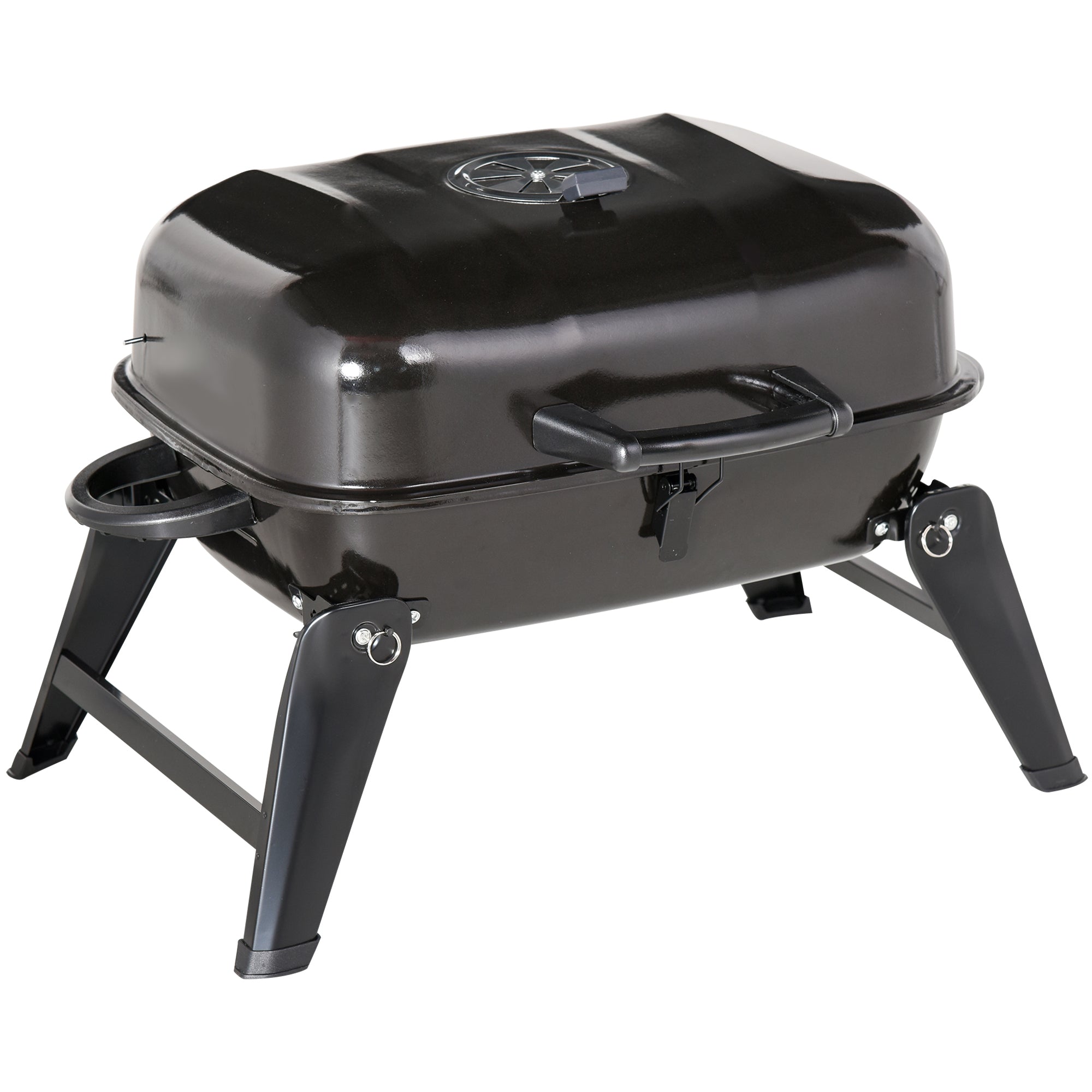 Outsunny 14" Portable Charcoal Grill, Tabletop Small Bbq Grill For Outdoor Cooking, Camping, Tailgating, Enamel Coated, Vent, Folding Legs, Black Black Iron
