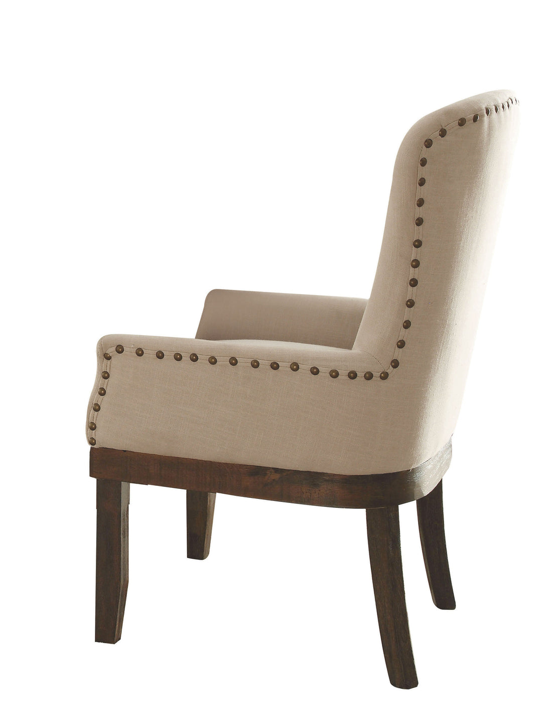 Wooden Arm Chair With Wing Back And Trims, Beige And Brown Beige Brown Wood Fabric