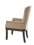Wooden Arm Chair With Wing Back And Trims, Beige And Brown Beige Brown Wood Fabric
