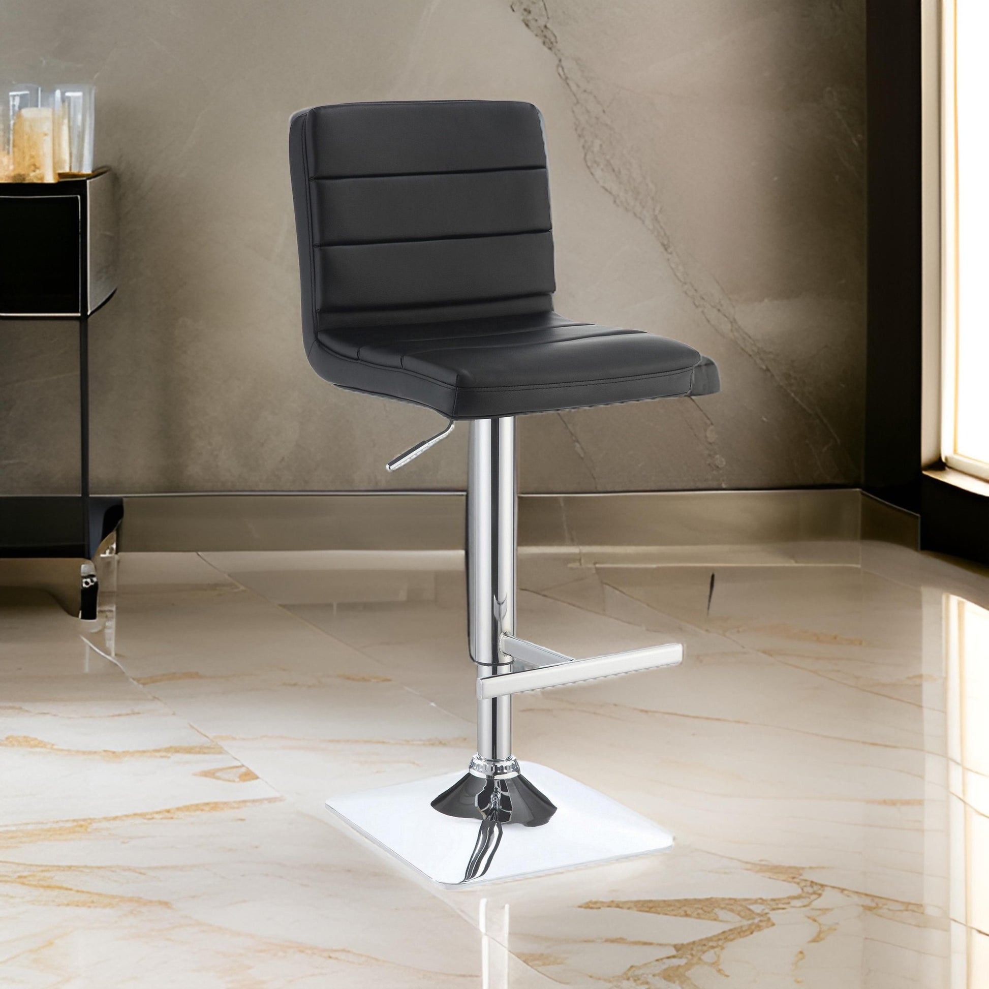 Casual Armless Adjustable Bar Height Stool, Black, Set Of 2 Chrome Metal