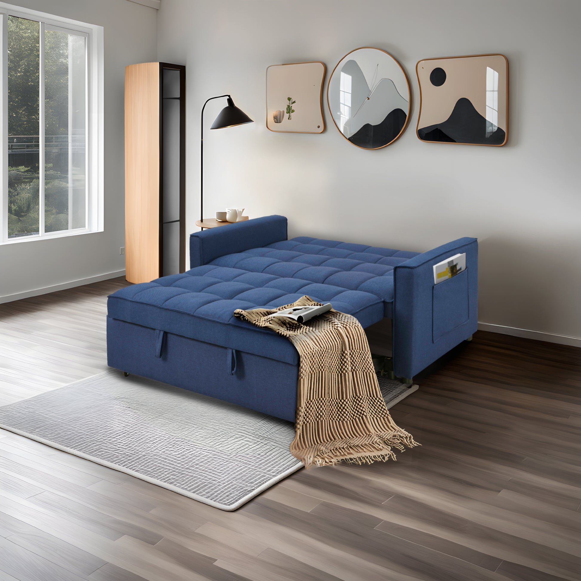 Stylish Blue Pull Out Sofa Bed With Woven Polyester Fabric & Solid Wood Frame Blue Polyester 2 Seat