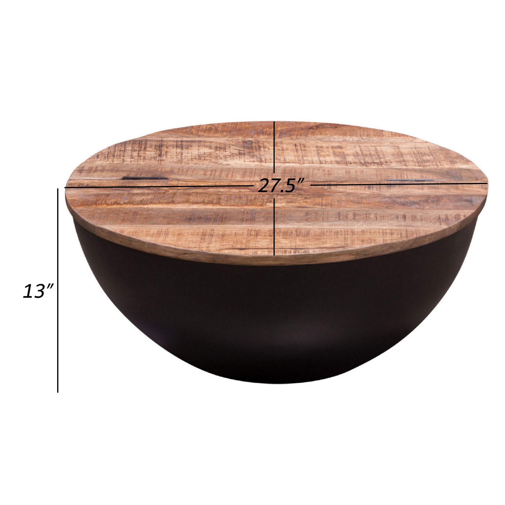 28 Inch Storage Coffee Table, Round Drum Silhouette, Brown Wood, Black Base Black Brown Wood