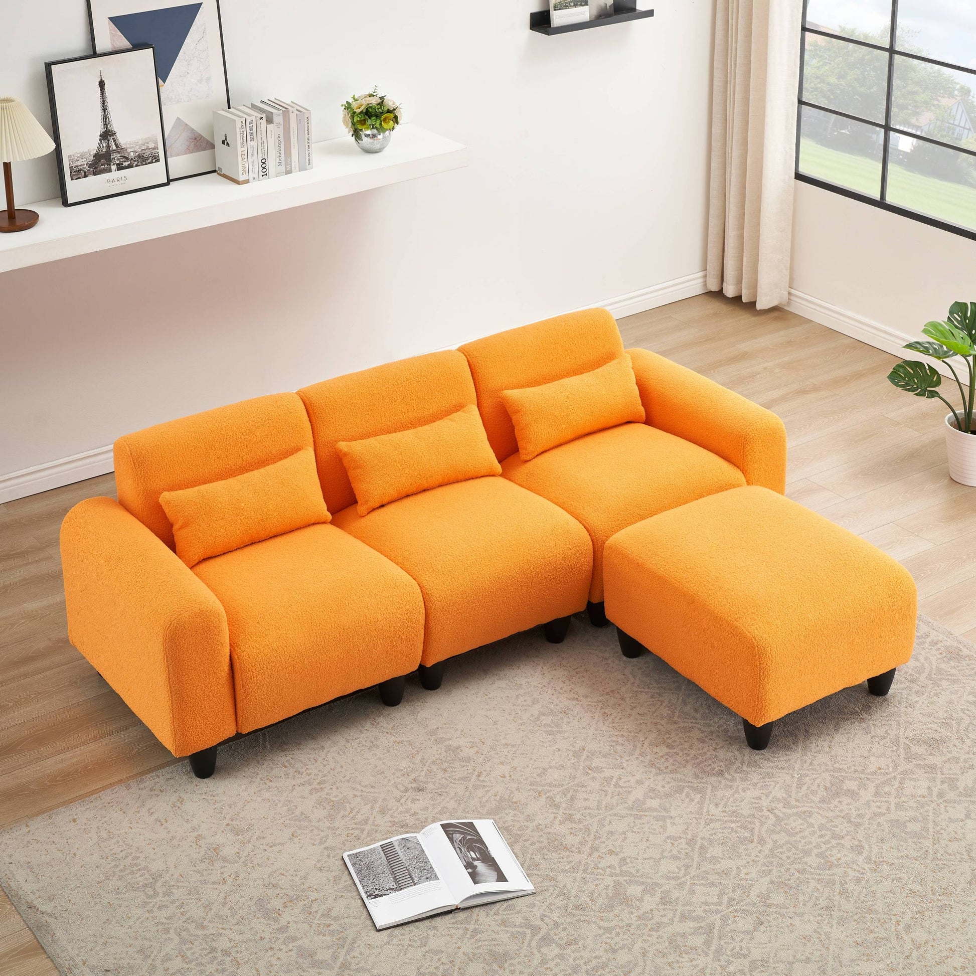 The 84.6 Inch Orange Teddy Fleece Creative Sofa Can Be Assembled Into A Two Seater Sofa With A Single Couch With Three Waist Pillows To Perfectly Stretch Your Waist For Small Apartment Bedroom Spaces Orange Polyester Blend 4 Seat