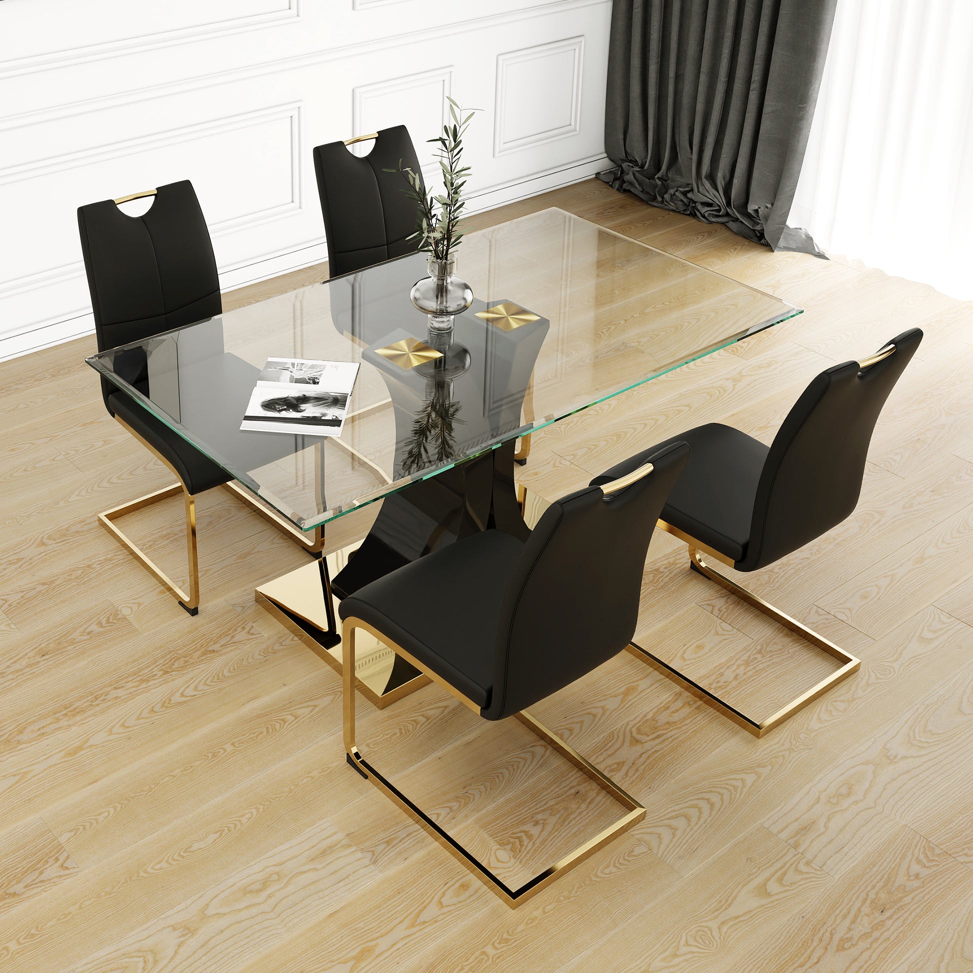 Modern Style Glass Dining Table, Elegant Transparent Design, Solid Support Base, Black Dining Chair Set, Gold Plated Chair Legs, Suitable For Restaurant Kitchen Use Set Of 5 Black Gold Seats 4 Mdf Glass