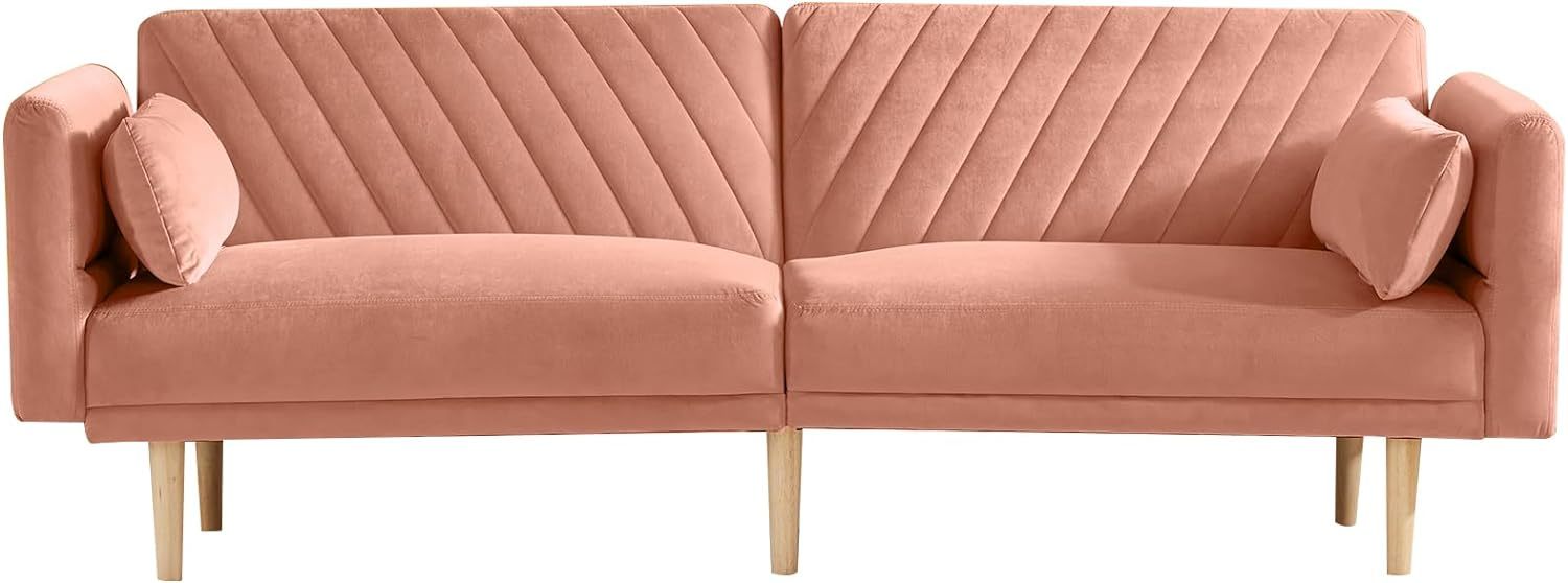 78'' Velvet Futon Sofa Bed, Convertible Sleeper Couch Bed With Adjustable Armrests And Backrest, Loveseat Sleeper Bed With 2 Pillows, Modern Futon Couch For Living Room, Pink Brown Wood Bedroom Heavy Duty Oak 2 Seat Light Pink Velvet Soft Cushion Back