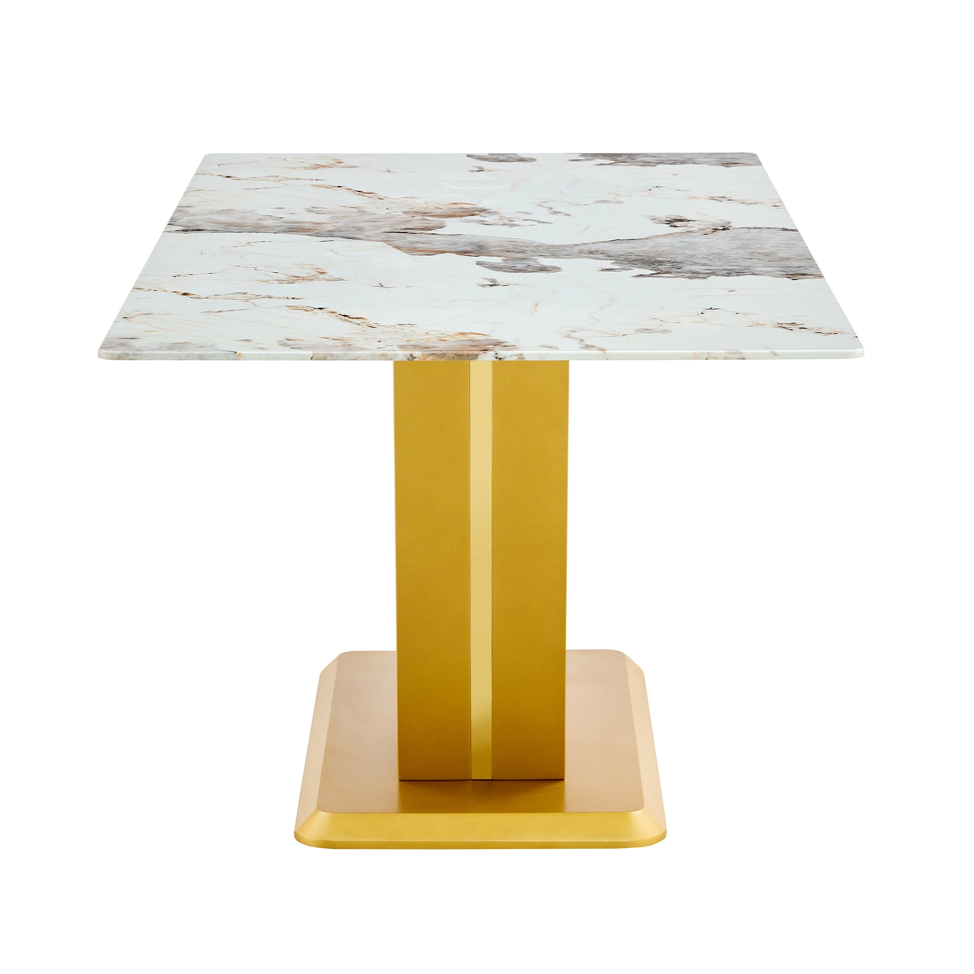 Modern Minimalist Rectangular Dining Table, 0.4 "Thick, Imitation Marble Patterned Glass Tabletop, Gold Mdf Legs. "71" * 35.4" *30" Gold Mdf Glass