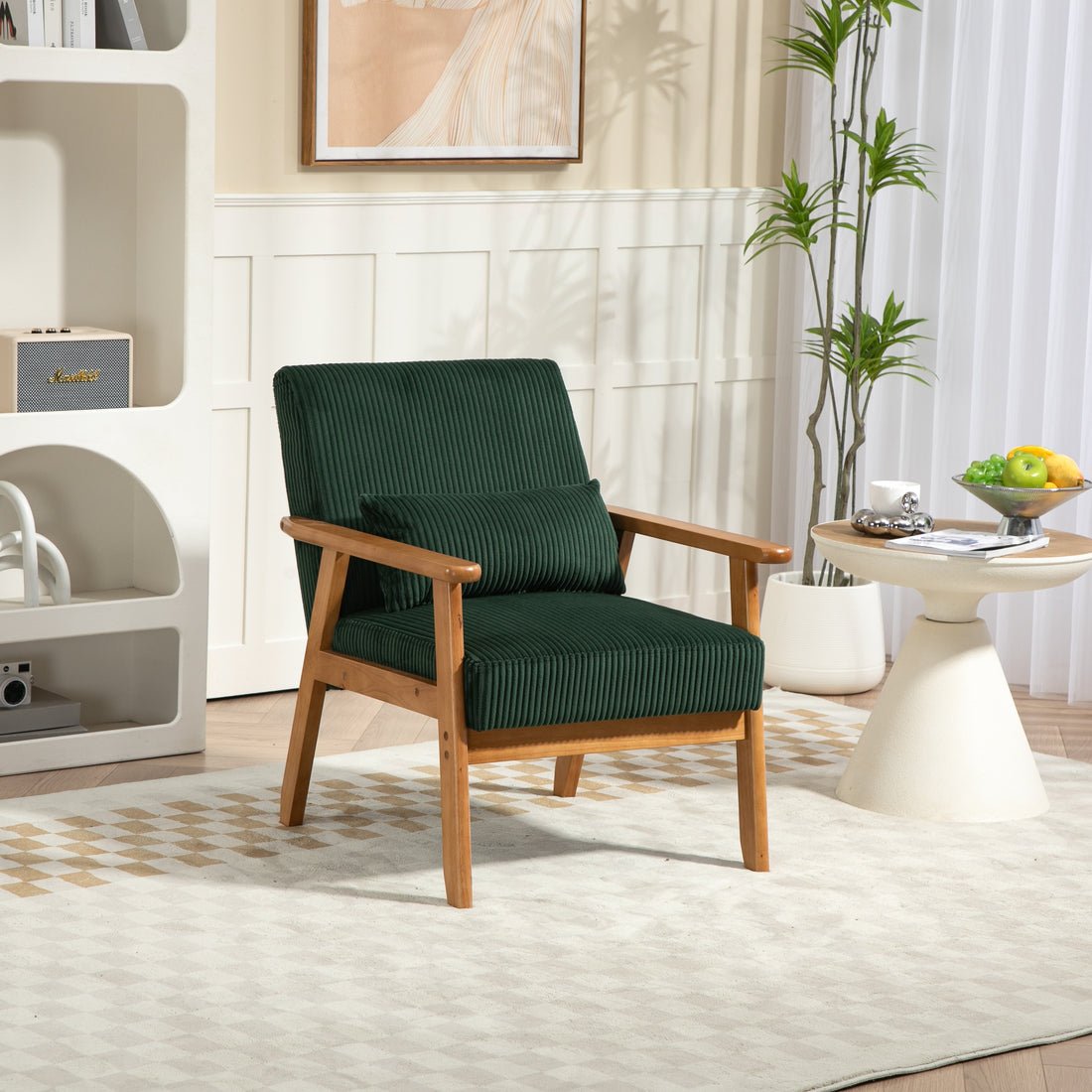 Leisure Chair With Solid Wood Armrest And Feet, Leisure Chair, Wood Frame, Velvet, L, Solid Rubber Wood Legs, Mid Century Modern Accent Chair, For Living Room Bedroom Studio Chair Emerald Corduroy