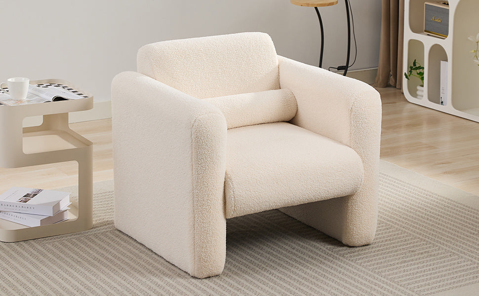 Modern Accent Chair Lambskin Sherpa Fabric Upholstered Comfy Reading Arm Chair Soft Padded Armchair With Back And Pillow For Living Room Bedroom Reception Waiting Room Office, Cream Cream Primary Living Space Upholstered
