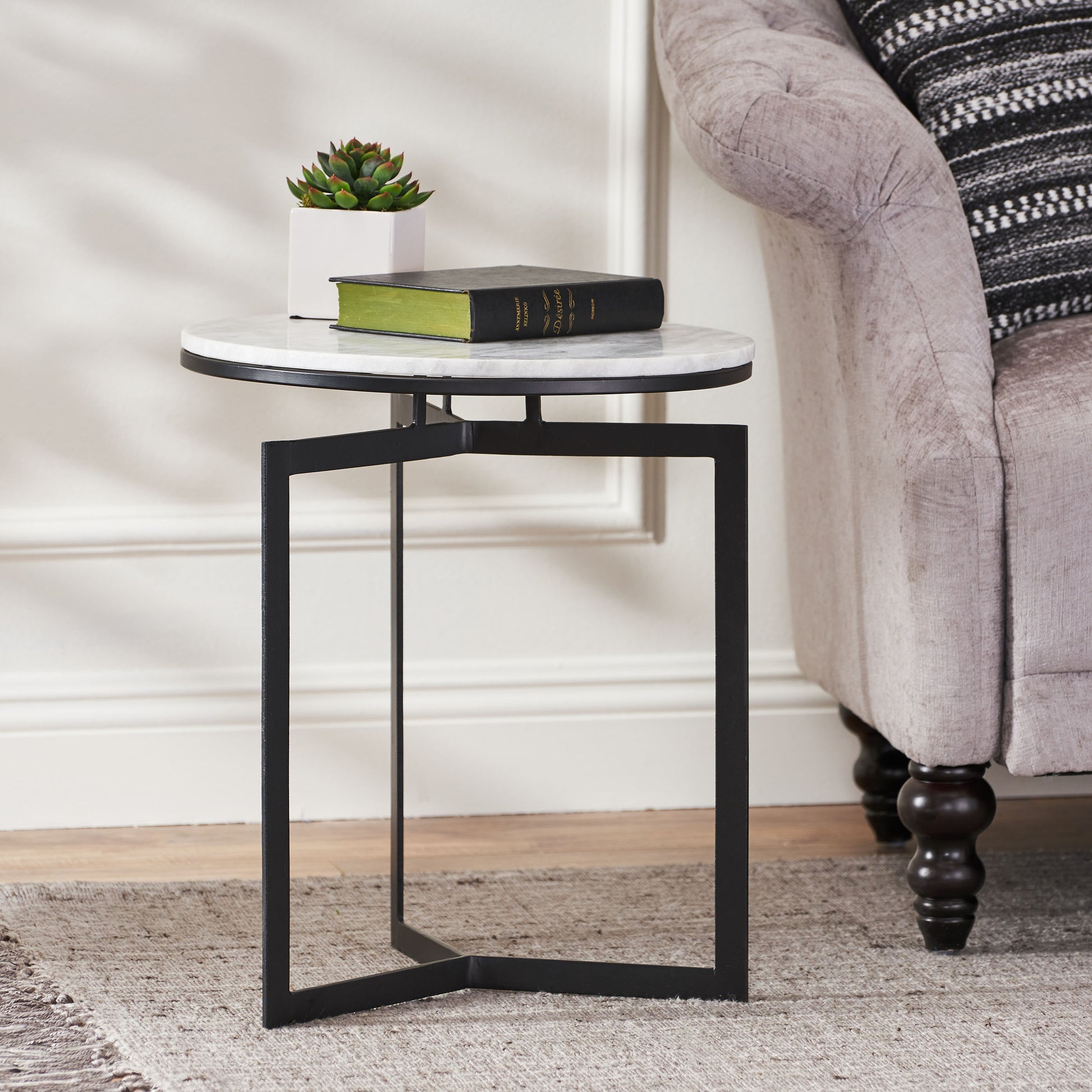 Round Accent Side Table Natural Black Marble Metal