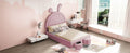 Full Size Upholstered Rabbit Shape Bed With 2 Storage Stools, Velvet Platform Bed With Cartoon Ears Shaped Headboard, Pink Full Pink Wood