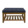 Upholstered Coffee Table Tufted Linen Large Square Ottoman With Beech Wood Shelf And Frame, Oversized Footrest Ottoman For Living Room, Navy Blue Light Brown Wood Primary Living Space Heavy Duty Beech Wood Navy Blue Linen Or Linen Blend Medium Firm