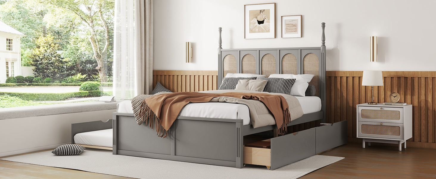 Queen Size Rattan Platform Bed With With 2 Big Drawers, T Size Trundle, Gray Queen Gray Plywood
