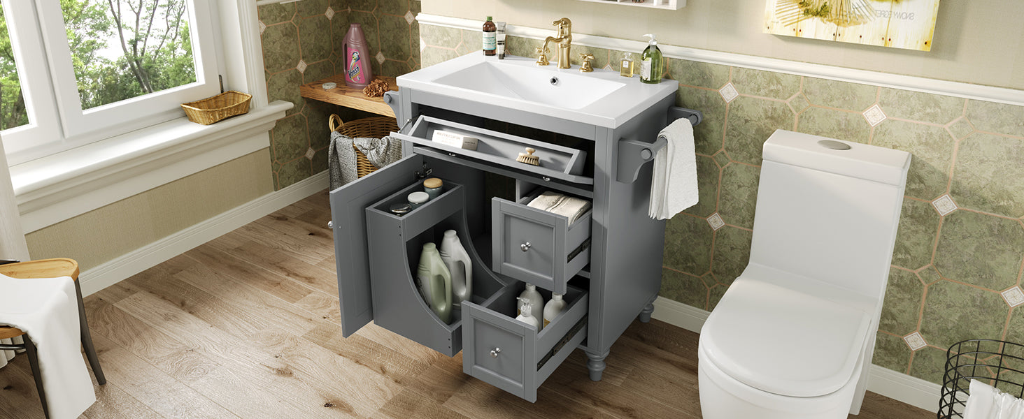 30'' Bathroom Vanity With Top Sink, Modern Bathroom Storage Cabinet With 2 Drawers And A Tip Out Drawer, Single Sink Bathroom Vanity Same As N710S130001E Grey Bathroom Modern Solid Wood Mdf Resin