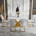 Table And Chair Set, The Table Is Equipped With A Marble Patterned Mdf Tabletop And Gold Table Legs.Dining Chairs,Gold Legged Upholstered Chairs Made Of Artificial Leather. Gold White Seats 6 Mdf