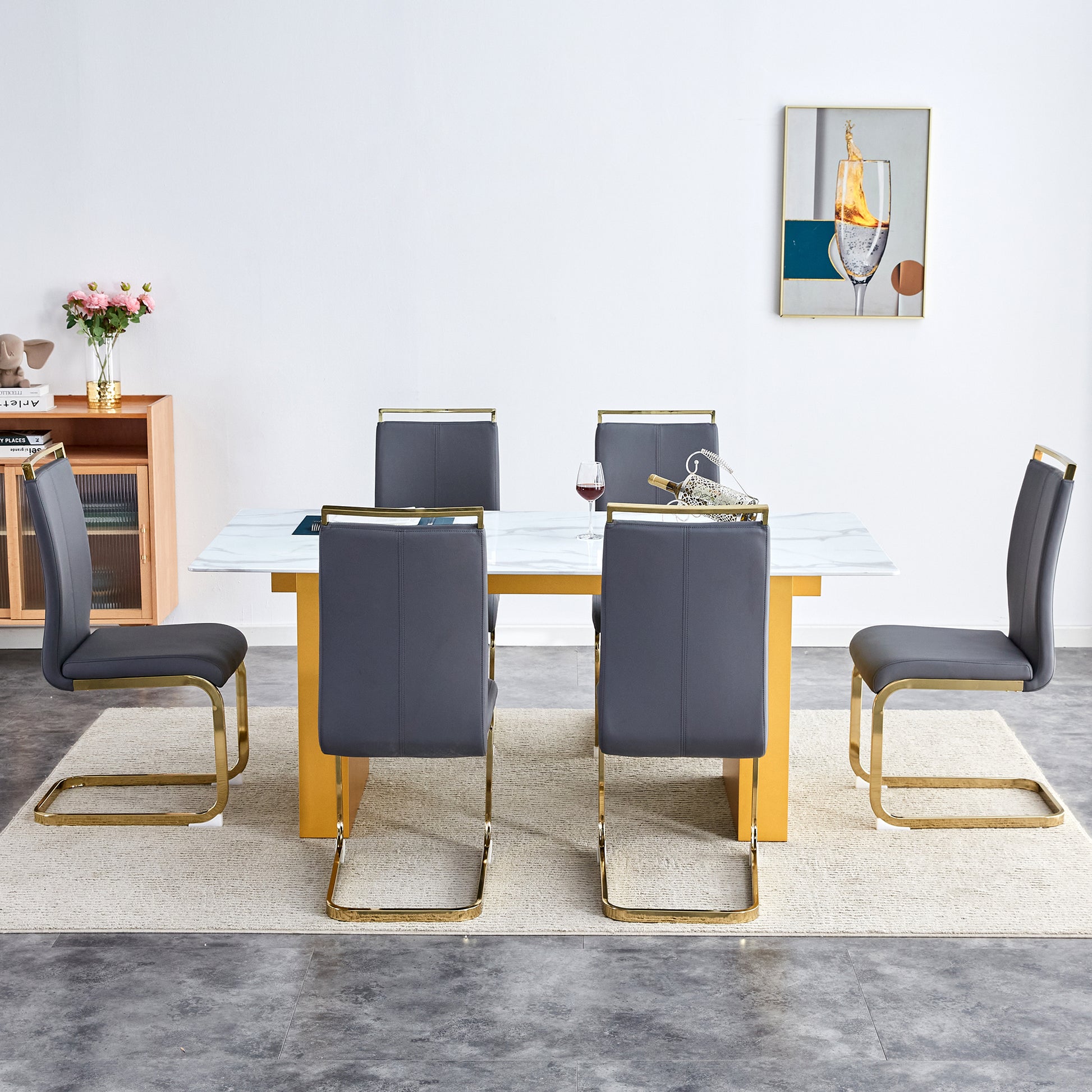 Table And Chair Set.Large Modern Rectangular Table With 0.4 Inch Patterned Glass Tabletop And Large Mdf Table Legs.Comes With 6 Chairs With Faux Leather Cushioned Seats And Golden Metal Legs. Gold White Seats 6 Mdf Glass