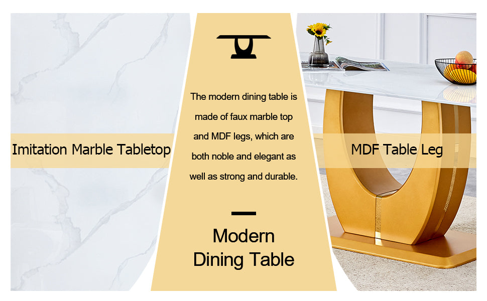 Table And Chair Set, Modern Minimalism And Luxurious White Rectangular Pattern Dining Table. Soft And Comfortable Dining Chairs For Dining Rooms, Living Rooms, Terraces And Kitchens. White Seats 6 Mdf Glass