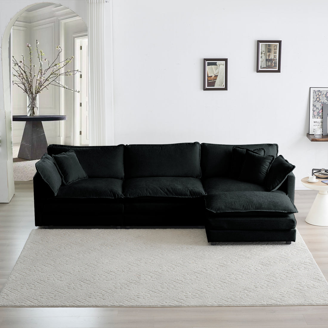 Free Combination Comfy Upholstery Modular Oversized L Shaped Sectional Sofa With Reversible Ottoman, Black Chenille Black Chenille 3 Seat