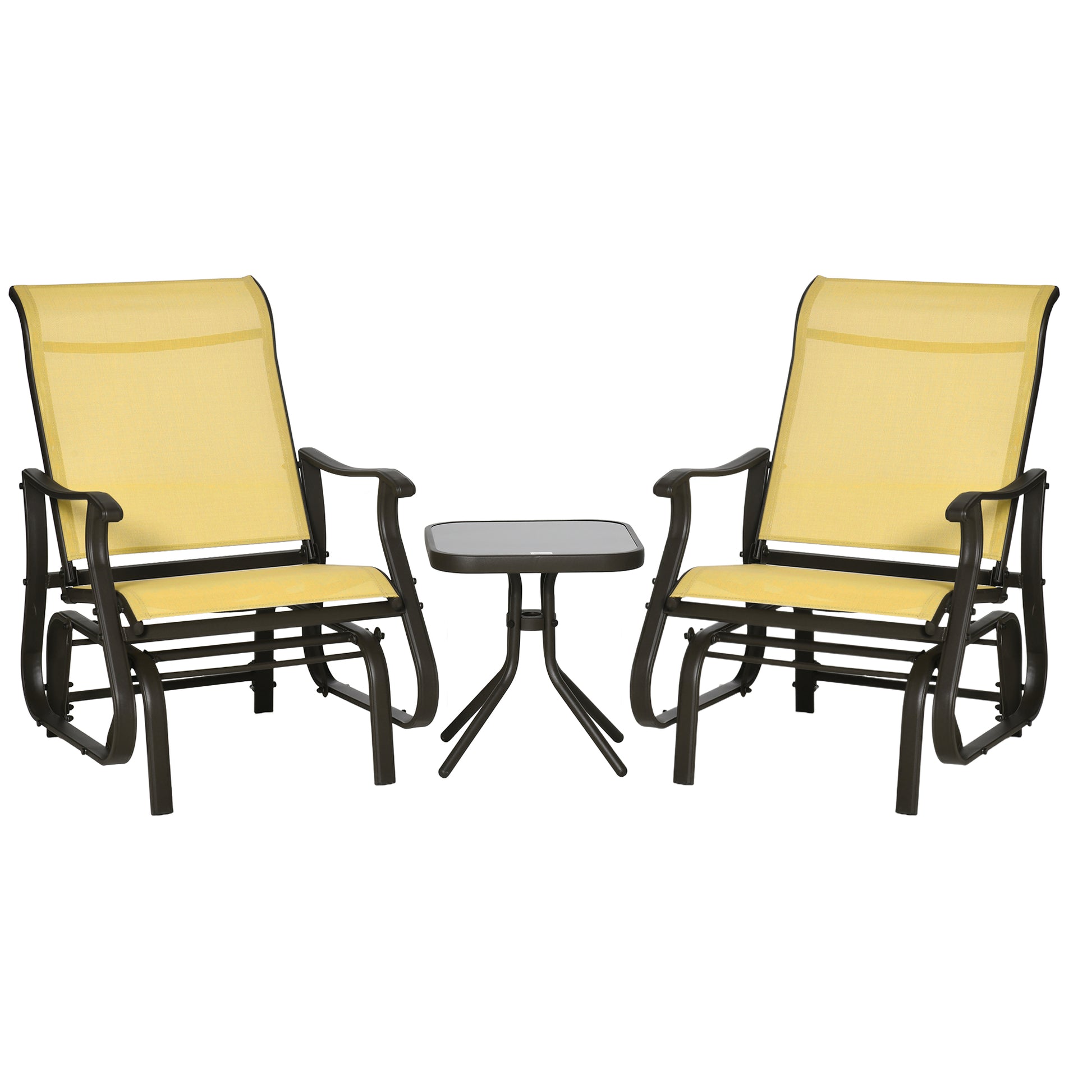 Outsunny 3 Piece Outdoor Gliders Set Bistro Set With Steel Frame, Tempered Glass Top Table For Patio, Garden, Backyard, Lawn, Beige Beige Fabric Metal