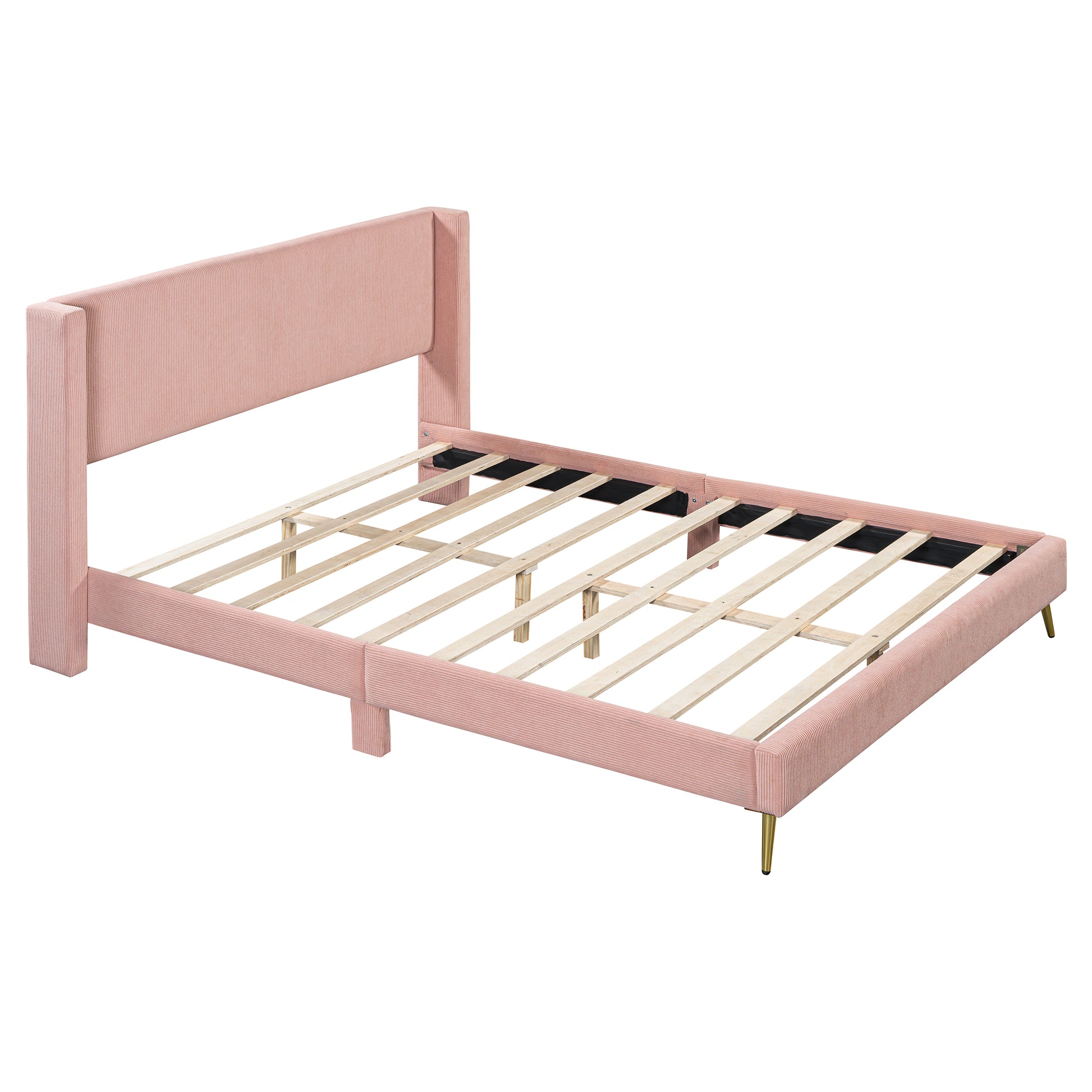 Queen Size Corduroy Platform Bed With Metal Legs, Pink Old Sku:Wf300238Aah Queen Pink Corduroy