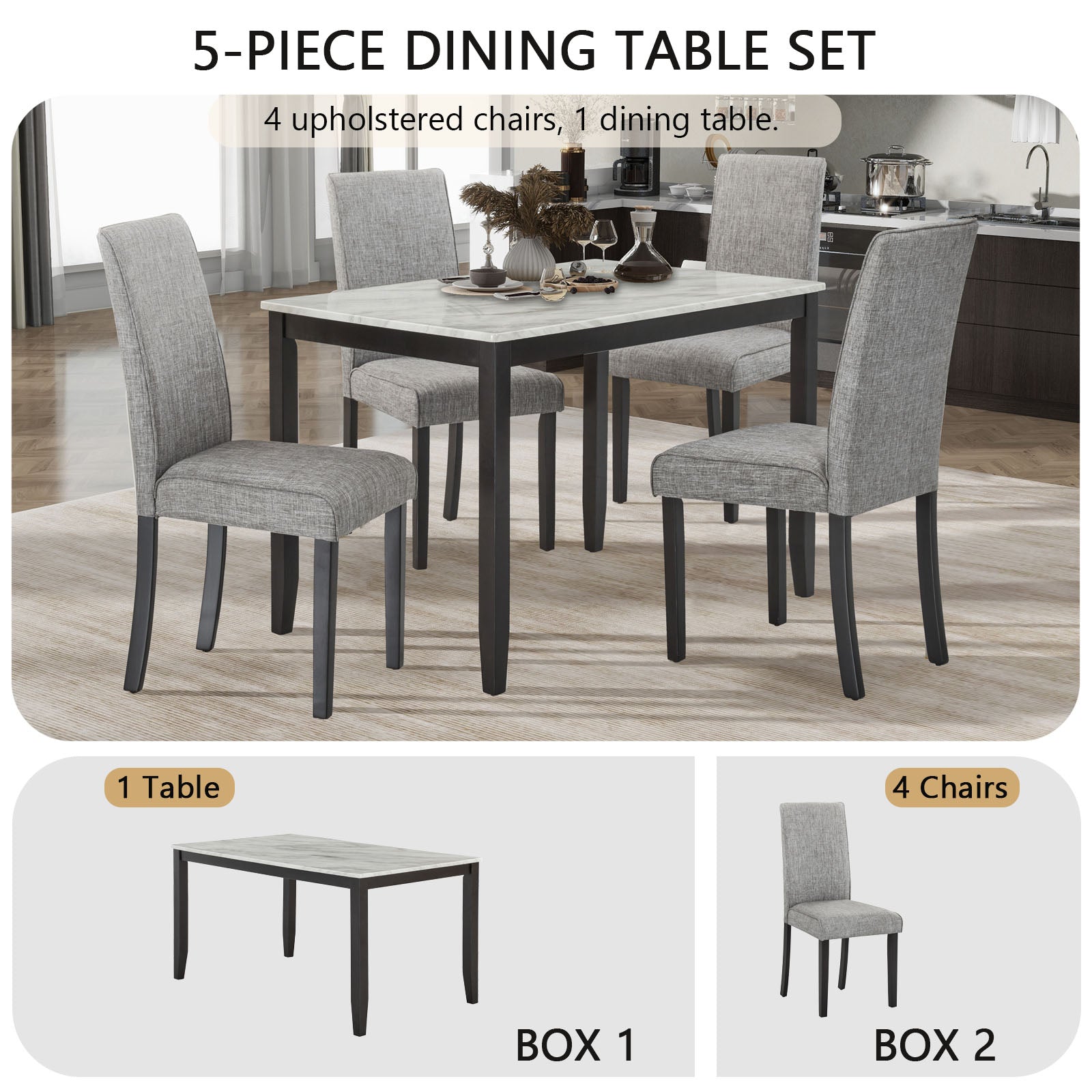 Faux Marble Dining Rectangular Table, 4 Person Wood Dining Table, White Dark Espresso Gray Upholstered Chair Faux Marble White Dark Espresso Gray Seats 4 Wood Dining Room Rectangular 4 Leg Rectangular Dining Table With Chair Mdf,Paper,Rubber Wood