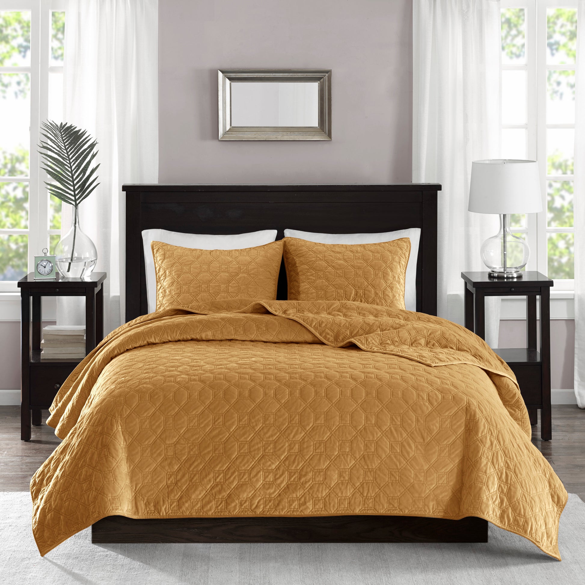 3 Piece Velvet Quilt Set Mustard King Cal King King Mustard Cotton