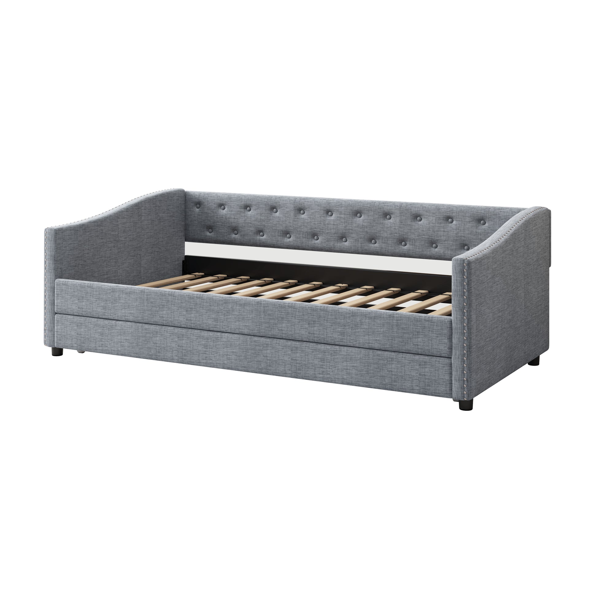 Twin Size Daybed With Twin Size Trundle Upholstered Tufted Sofa Bed, With Button On Back And Copper Nail On Waved Shape Arms Light Grey Twin Light Grey Wood Fabric