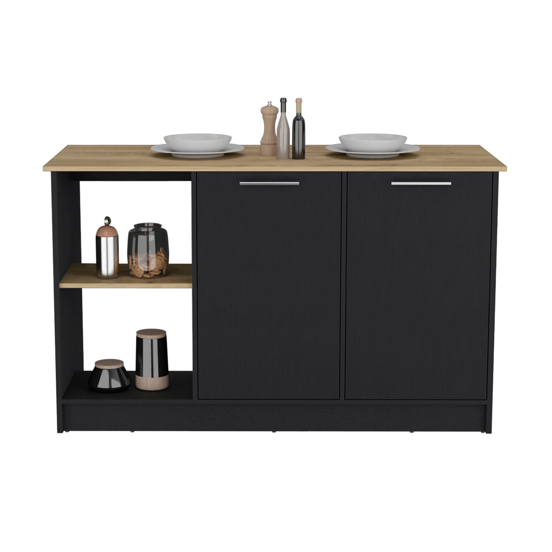 Kitchen Island With Large Countertop, Open Storage Shelves And Double Door Cabinet, Black Macadamia Black Solid Wood Mdf Engineered Wood