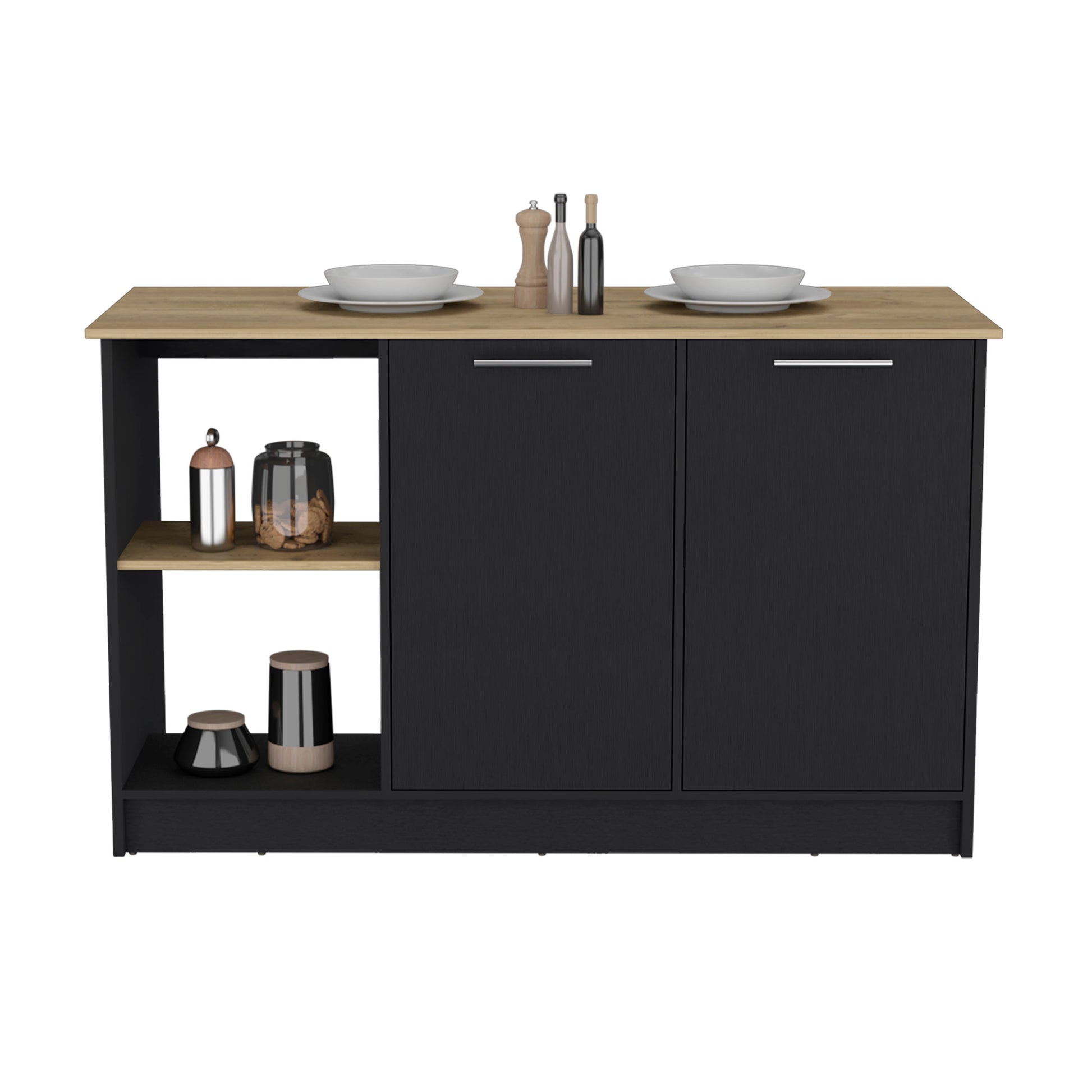 Kitchen Island With Large Countertop, Open Storage Shelves And Double Door Cabinet, Black Macadamia Black Solid Wood Mdf Engineered Wood