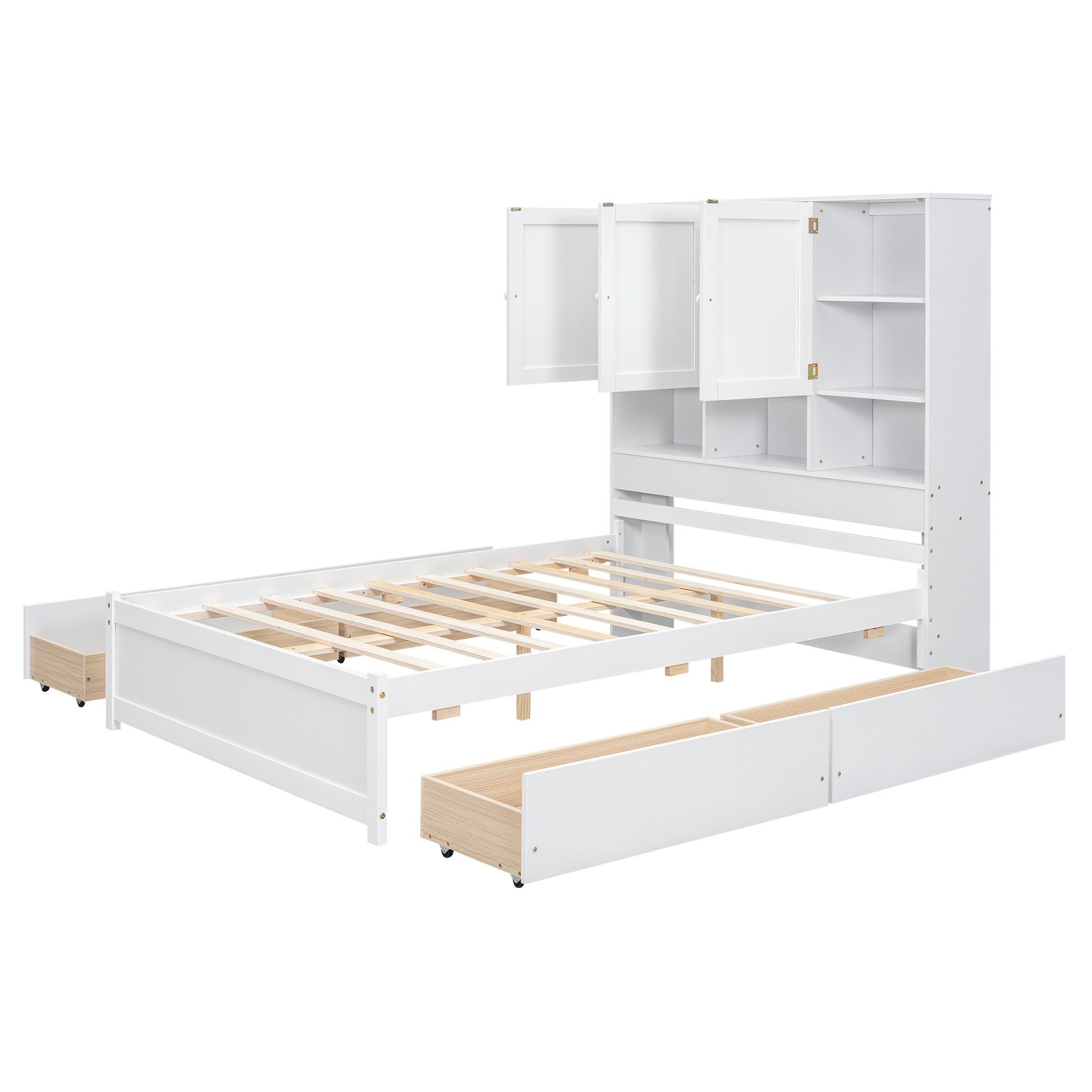 Full Size Platform Bed With Storage Headboard And 4 Drawers, White Box Spring Not Required Full White Wood Bedroom Bed Frame Solid Wood Mdf