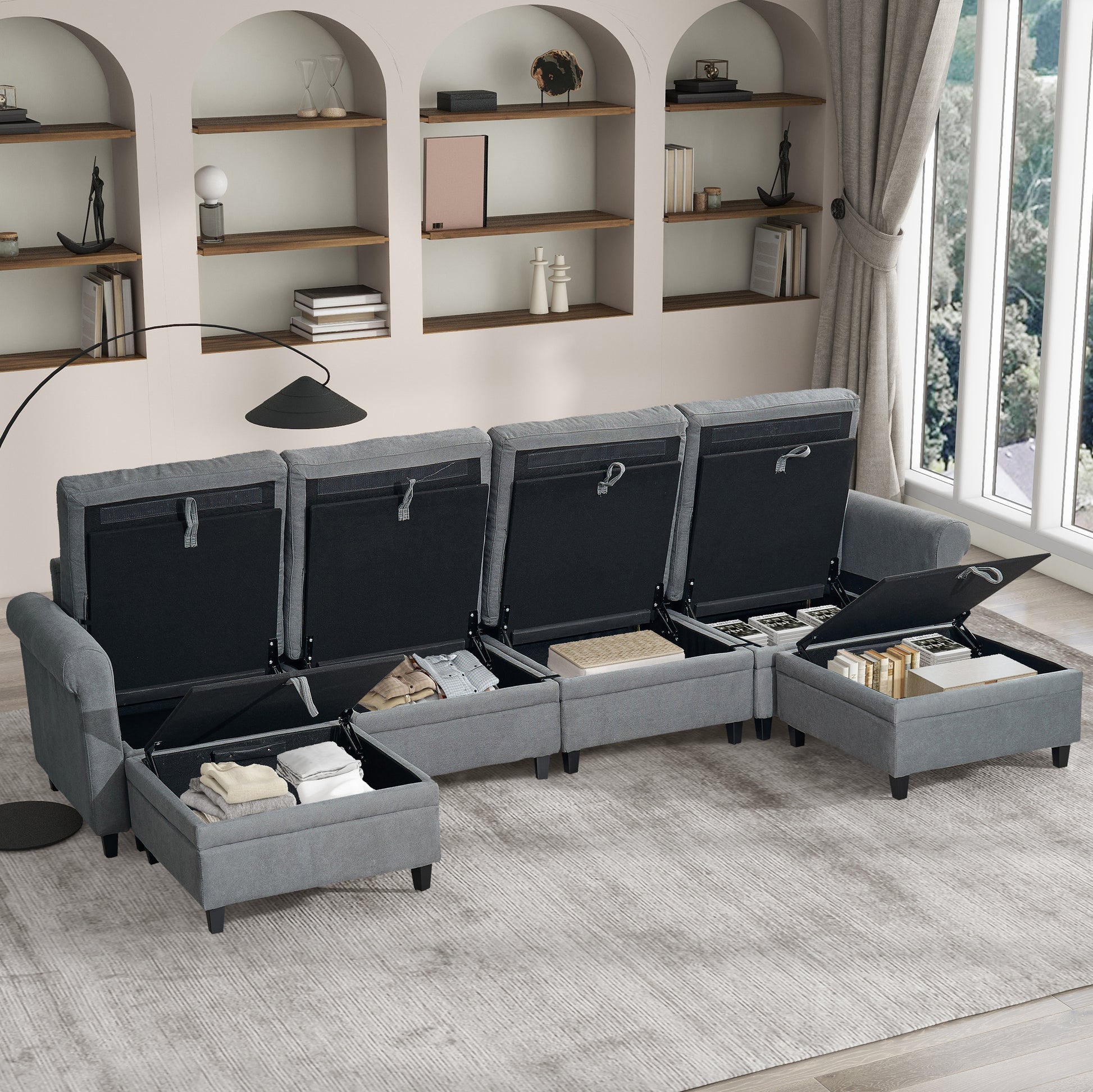U Shaped Sectional Couch Convertible Sectional Couch With Double Chaise 6 Seat Sectional Sofa For Living Room Grey Fabric 6 Seat