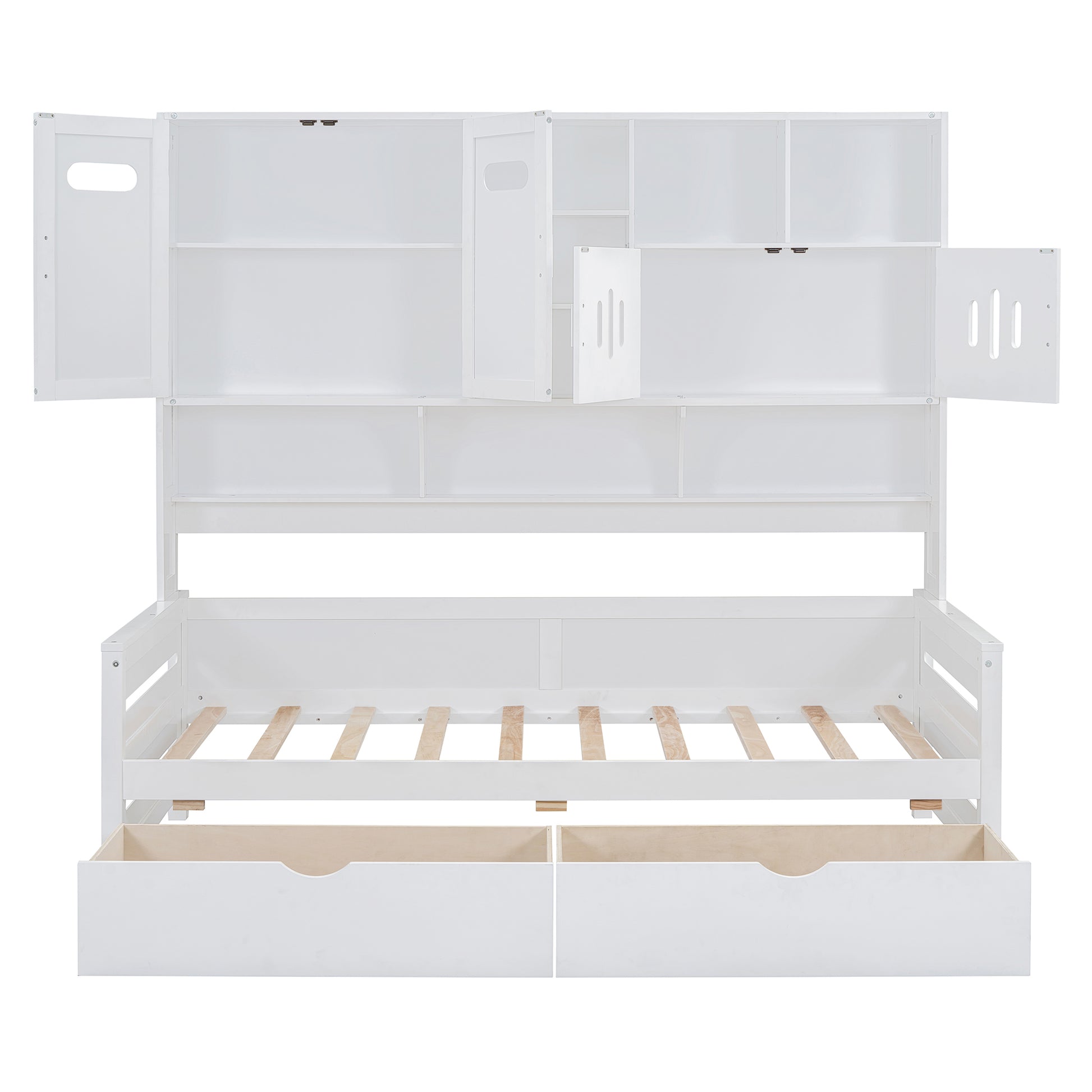Twin Size Wooden Daybed With 2 Drawers, And All In One Cabinet And Shelf, White Twin White Wood