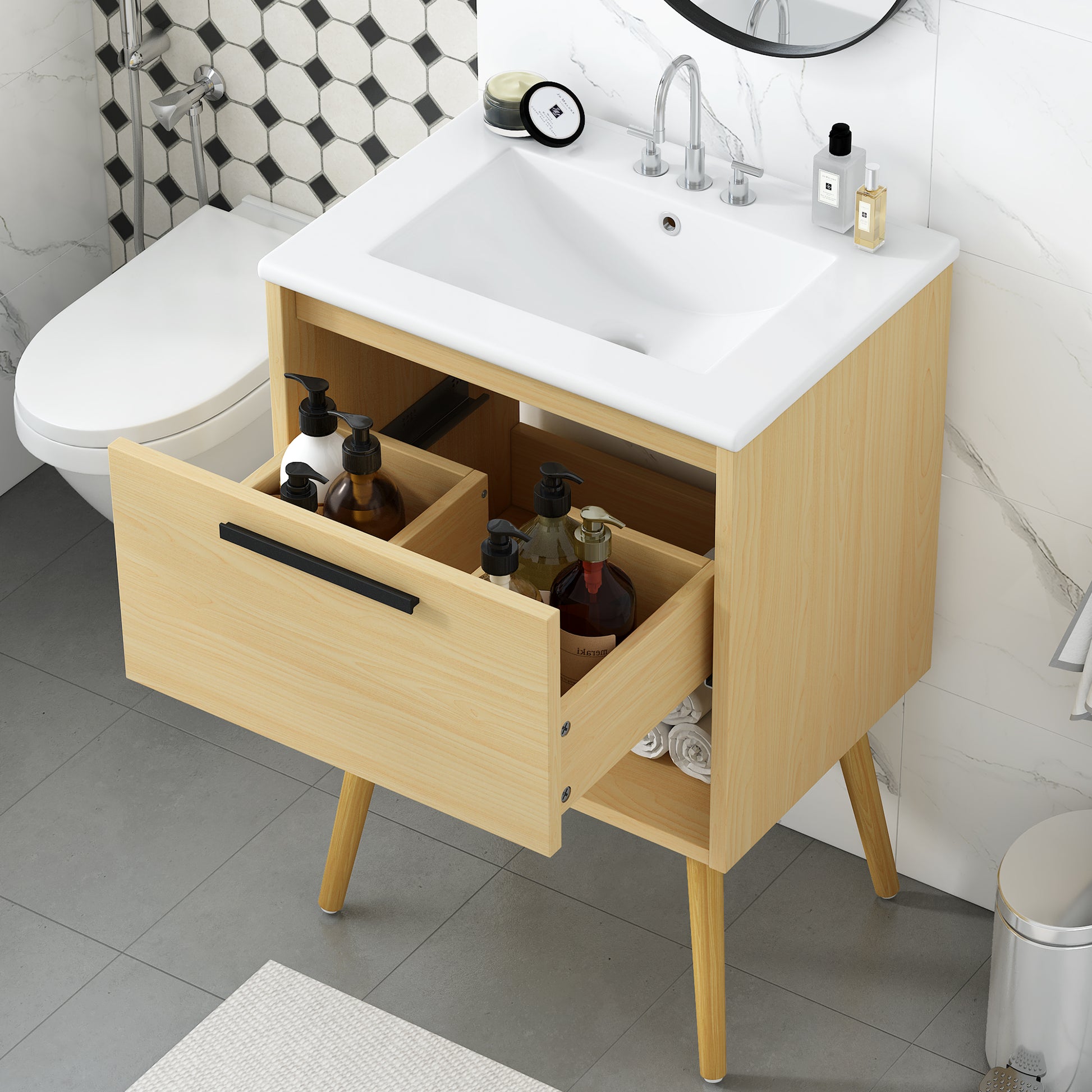 24" Bathroom Vanity With Sink Combo, Multi Functional Bathroom Cabinet With Drawer, Mdf Board, Natural Natural Solid Wood Mdf