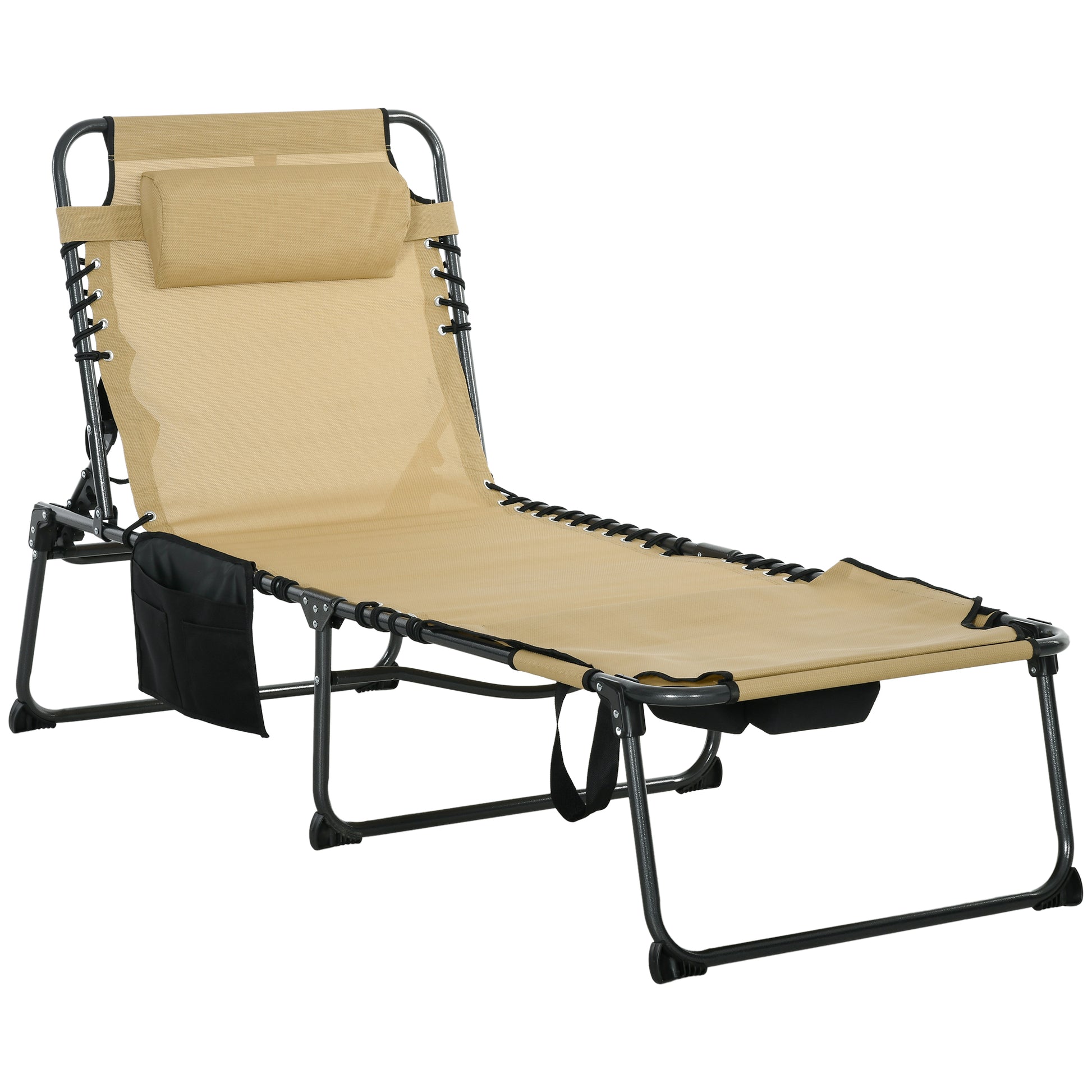 Outsunny Folding Chaise Lounge With 5 Level Reclining Back, Outdoor Tanning Chair With Reading Face Hole, Outdoor Lounge Chair With Side Pocket & Headrest For Beach, Yard, Patio, Beige Beige Steel