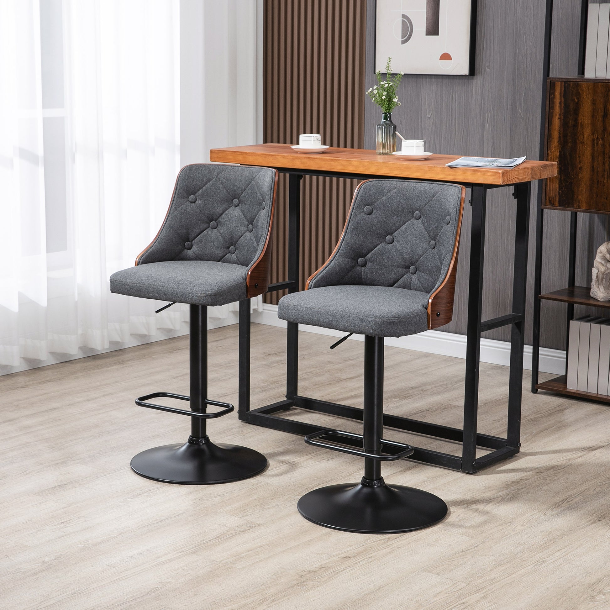 Homcom Counter Height Bar Stools Set Of 2, Height Adjustable Swivel Barstools With Footrest And Tufted Back, Linen Fabric Bar Chairs, Dark Grey Dark Grey Wood