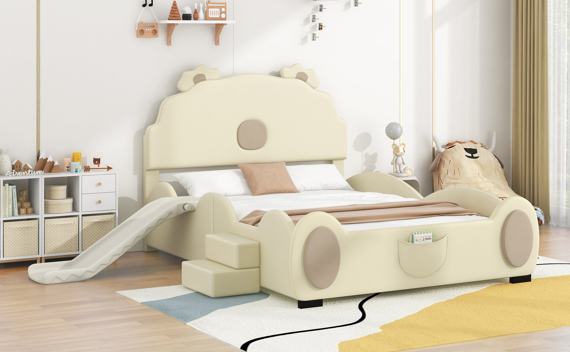 Full Size Upholstered Platform Bed With Piglet Shape Headboard And Children'S Slide, Beige Box Spring Not Required Full Beige Wood Bedroom Bed Frame Faux Leather Upholstered