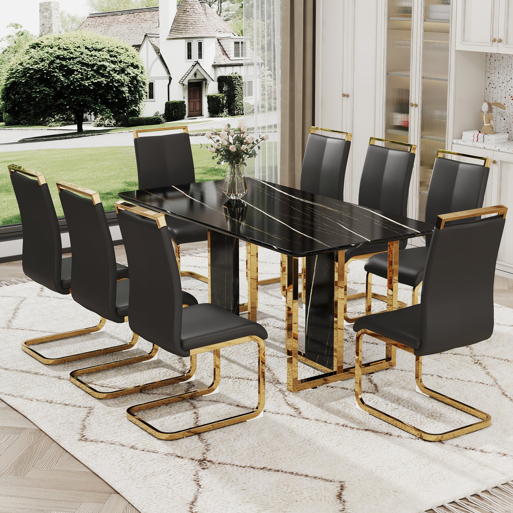 Table And Chair Set. Modern Dining Table With Mdf Top And Beautiful Mdf Legs. Equipped With Comfortable Pu Chairs And Metal Legs. Suitable For A Wide Range Of Decorative Styles. Black Seats 8 Mdf