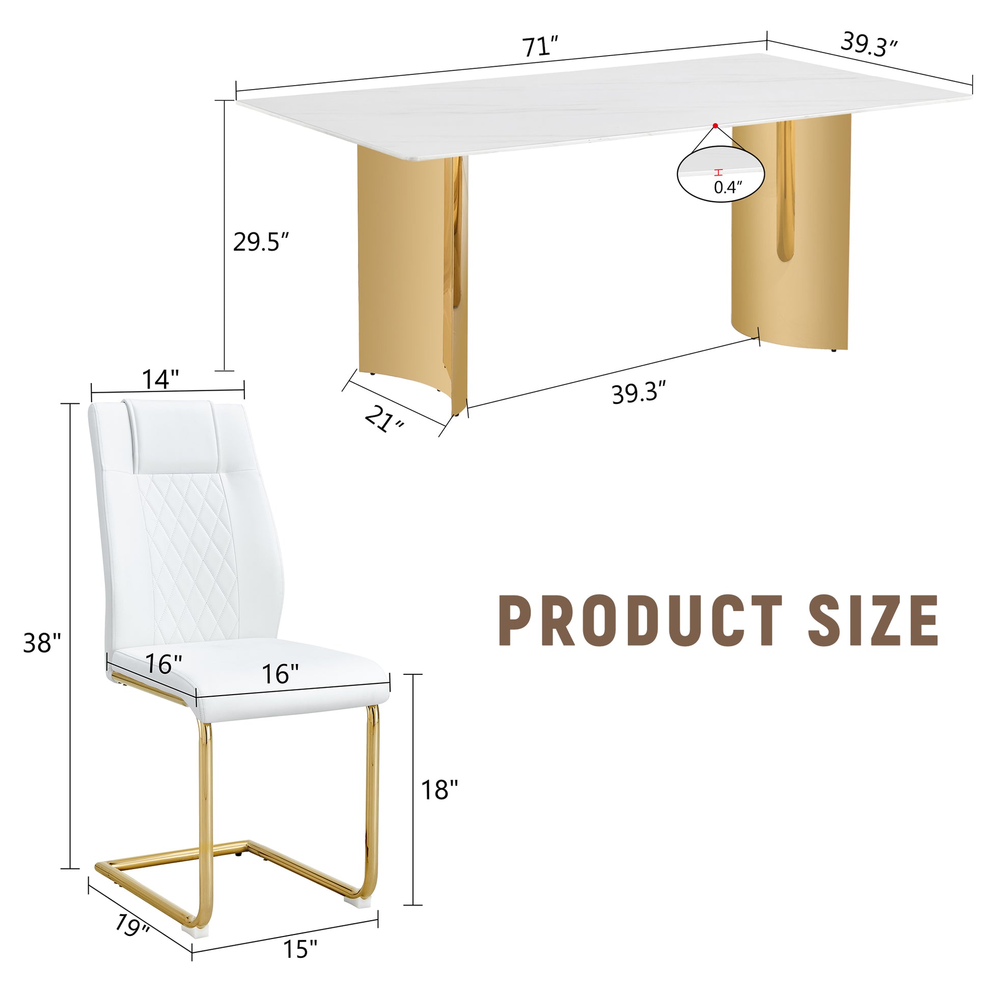 Table And Chair Set.The Table Has A Glass Tabletop With Imitation Marble Pattern Stickers And Stainless Steel Golden Table Legs. Paried With Comfortable Chairs With Pu Seats And Metal Legs. White Gold Seats 6 Glass Metal