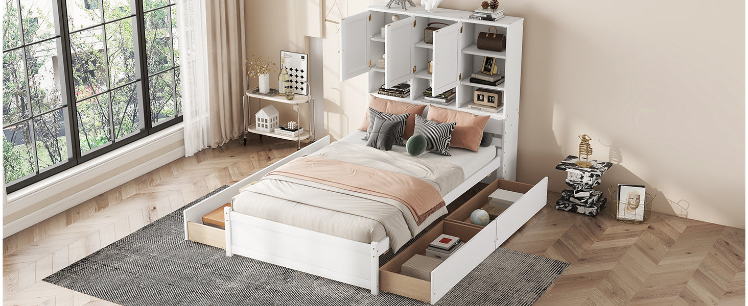 Full Size Platform Bed With Storage Headboard And 4 Drawers, White Box Spring Not Required Full White Wood Bedroom Bed Frame Solid Wood Mdf
