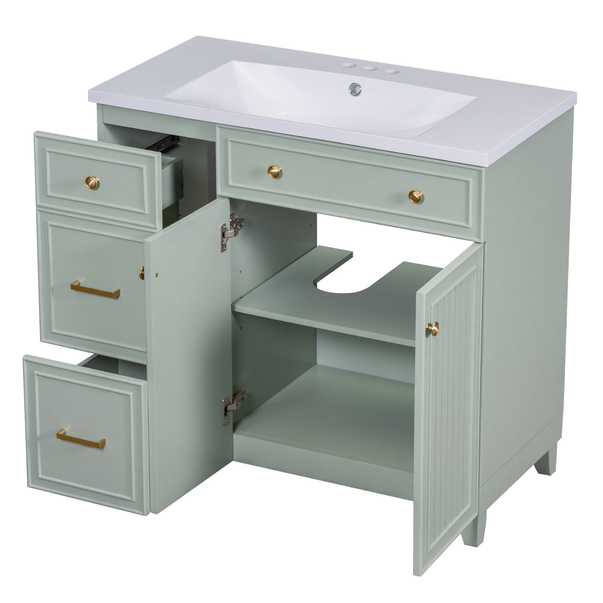 36 Inch Bathroom Vanity, Transitional Style Bathroom Cabinet With Resin Sink, Green Single Bathroom Cabinet, With 2 Drawers And 1 Adjustable Storage Shelf, 2 Soft Close Doors Green Bathroom Solid Wood Mdf Resin