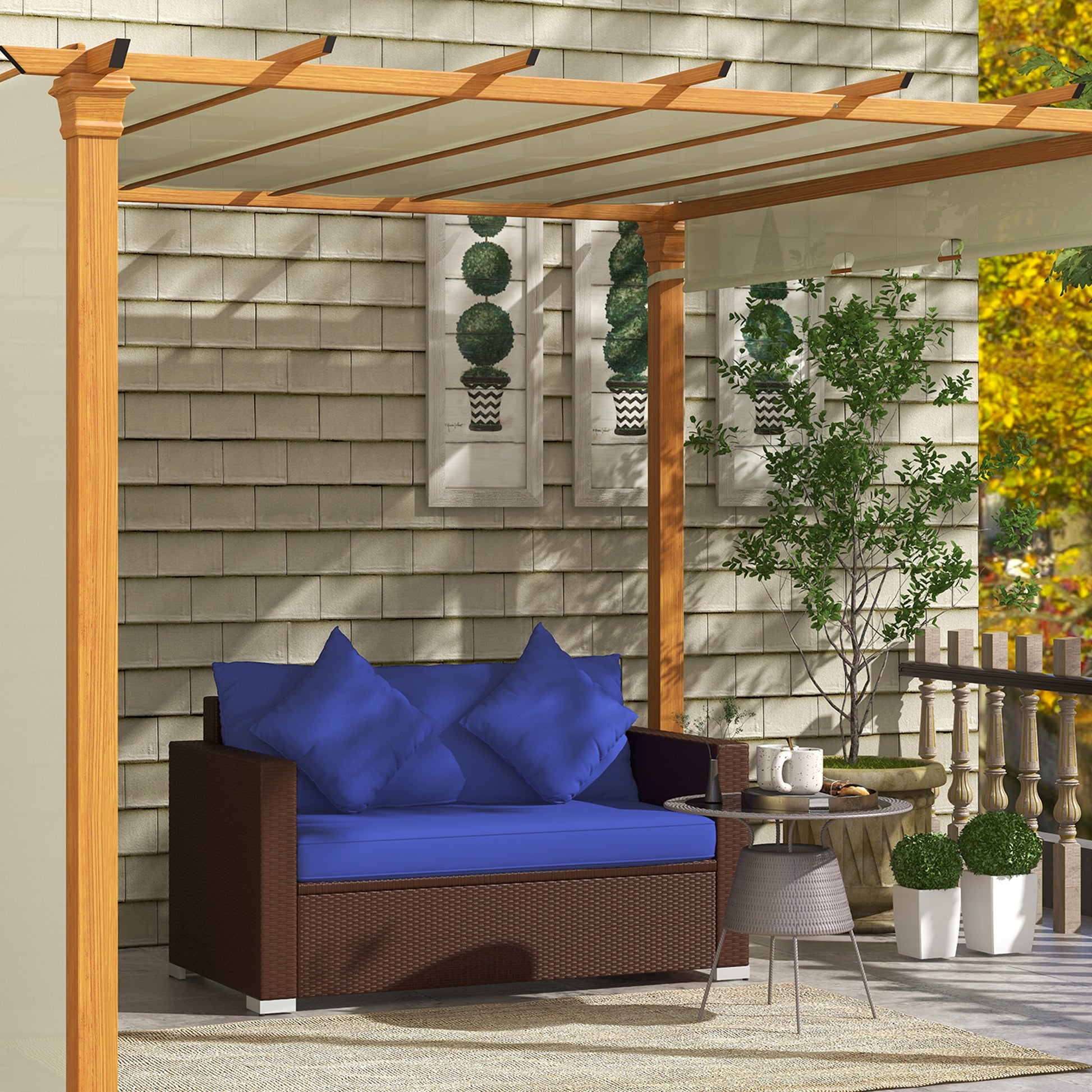 Outsunny Patio Wicker Loveseat With Cushions, 2 Seat Outdoor Pe Rattan Couch Sofa With Throw Pillows, For Porch, Backyard, Garden, Poolside, Blue Dark Blue Rattan Metal