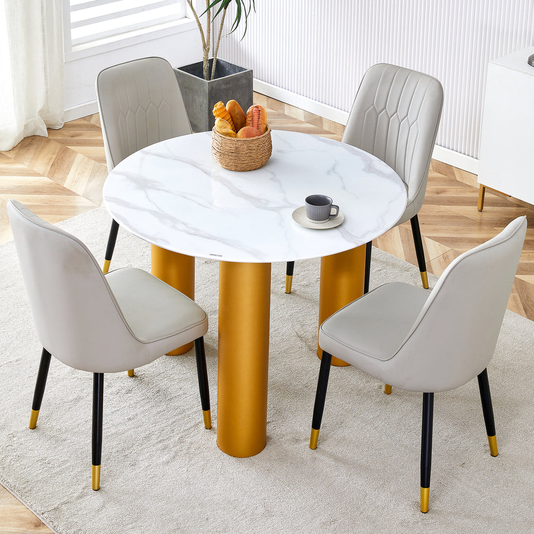 Table And Chair Set, Round Table With White Marble Pattern, Gold Mdf Table Legs, Soft And Comfortable Dining Chair, Suitable For Kitchen And Living Room White Seats 4 Mdf