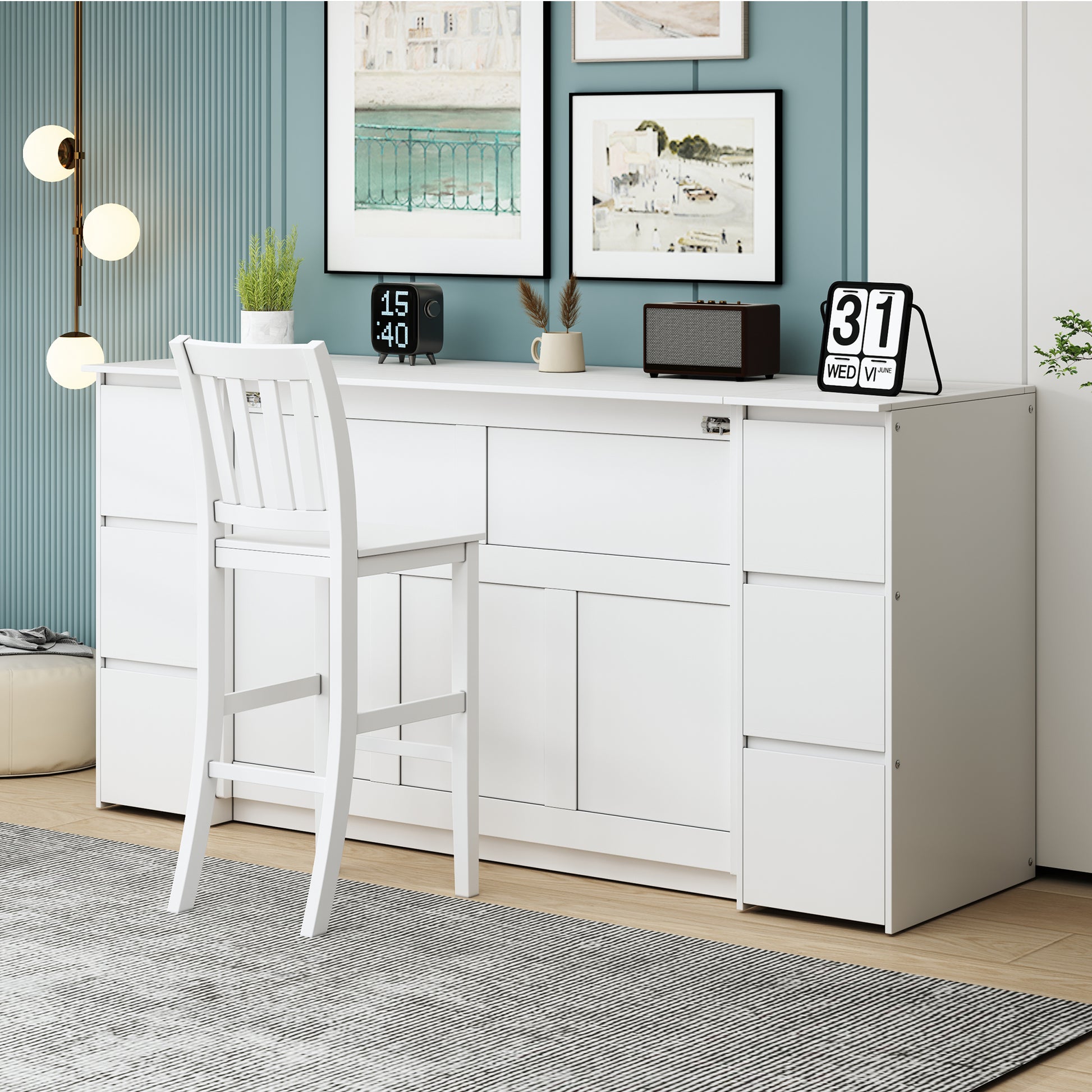 Full Size Murphy Bed With Drawers, Cabinets And Usb Ports,White Full White Mdf Lvl