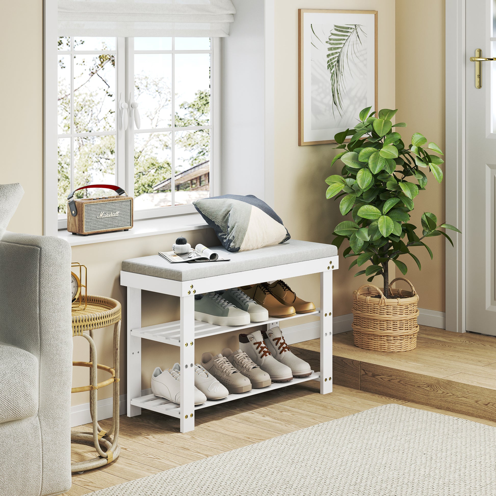 Bamboo Shoe Bench, 3 Tier Shoe Rack, Entryway Bench With Cushion And Adjustable Shelves, Shoe Rack For Entryway, Hallway, Mudroom And Living Room, White White Bamboo