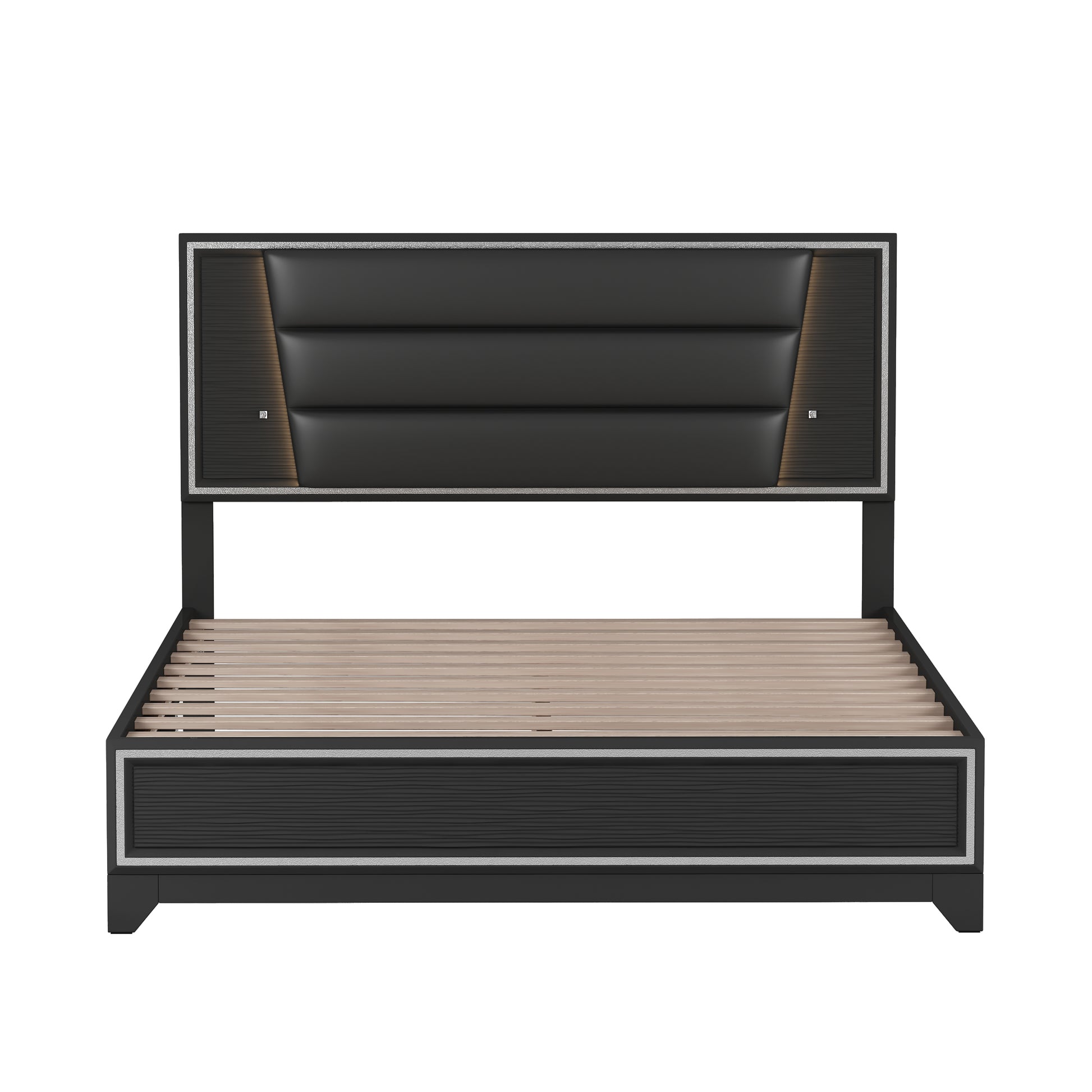 Queen Size Pu Upholstered Bed, Headboard With Led Light Strips And Sparkling Shiny Decoration, No Box Spring Required, Black Queen Black Pu