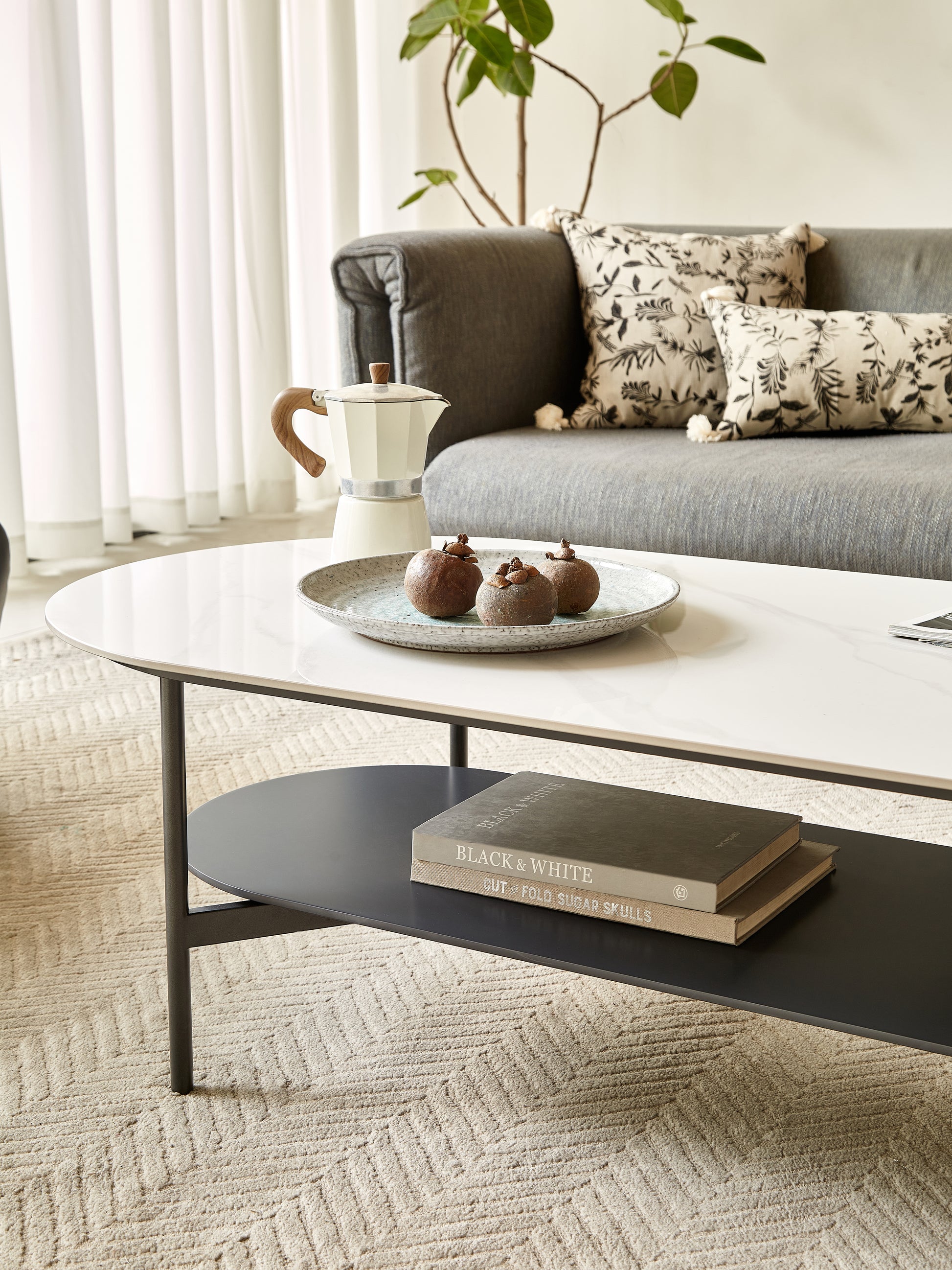 Coffee Table Ceramic Coffee Table, Mdf Painting Double Layer Coffee Table For Living Room, White Ceramic And Coffee Brown Bottom Shelf Black White Ceramic Mdf