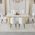 Table And Chair Set.The Table Has A Glass Top With Imitation Marble Pattern Stickers And Stainless Steel Golden Legs. Paried With Chairs With Pu Artificial Leather Backrest Cushions And Black Legs. White Gold Seats 6 Glass Metal