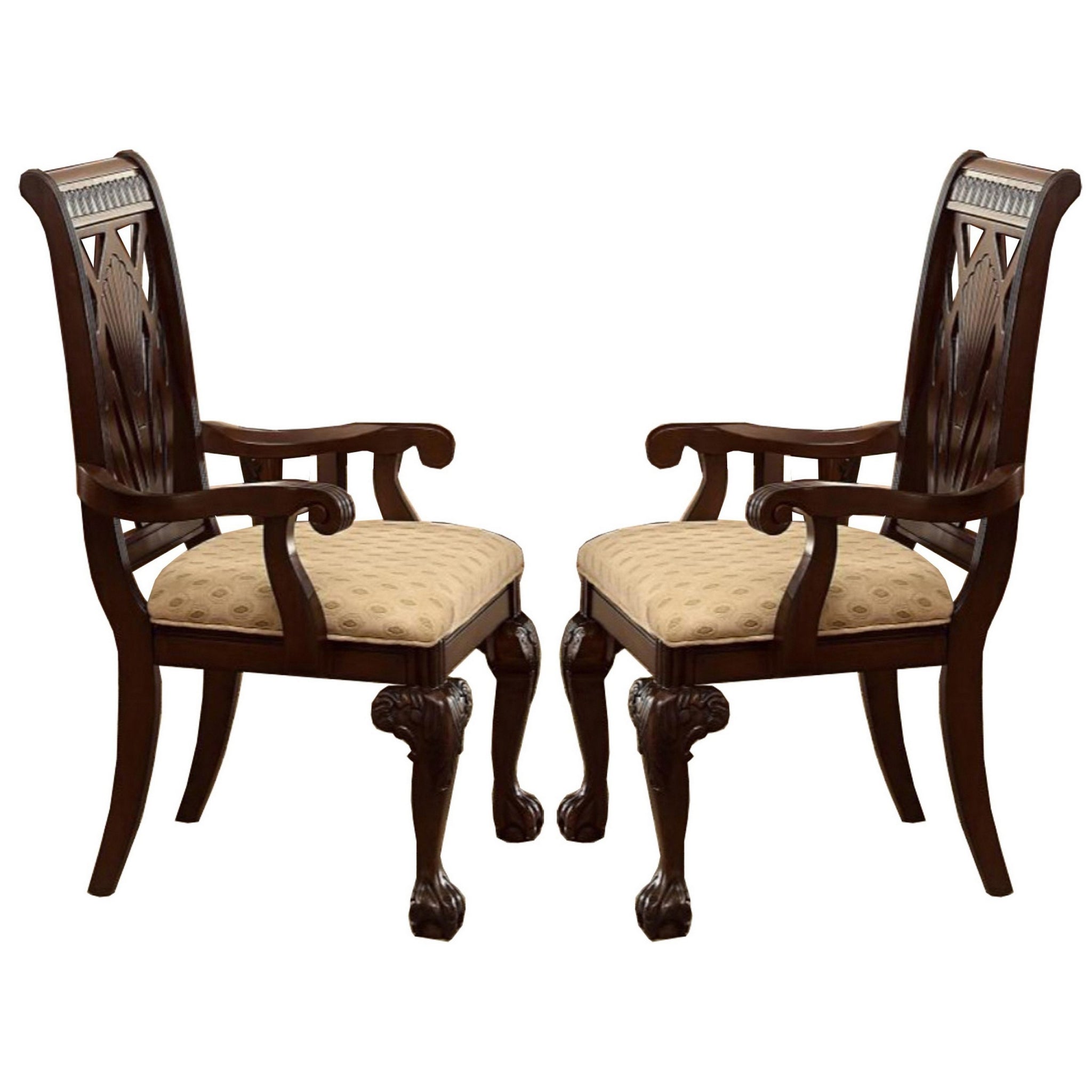 Traditional Style Wooden Fabric Dinning Arm Chairset Of 2 Brown Beige Wood Fabric