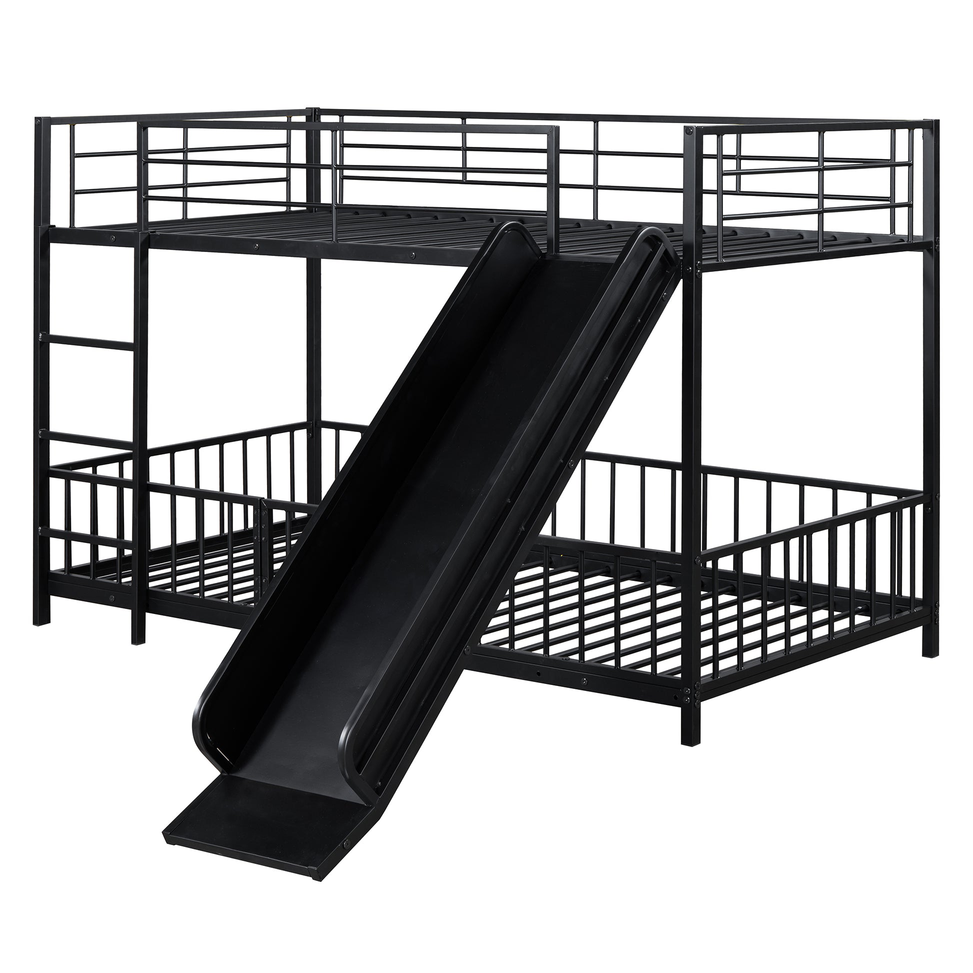 Twin Over Twin Size Metal Bunk Bed With Slide And Guardrails, Black Twin Black Metal