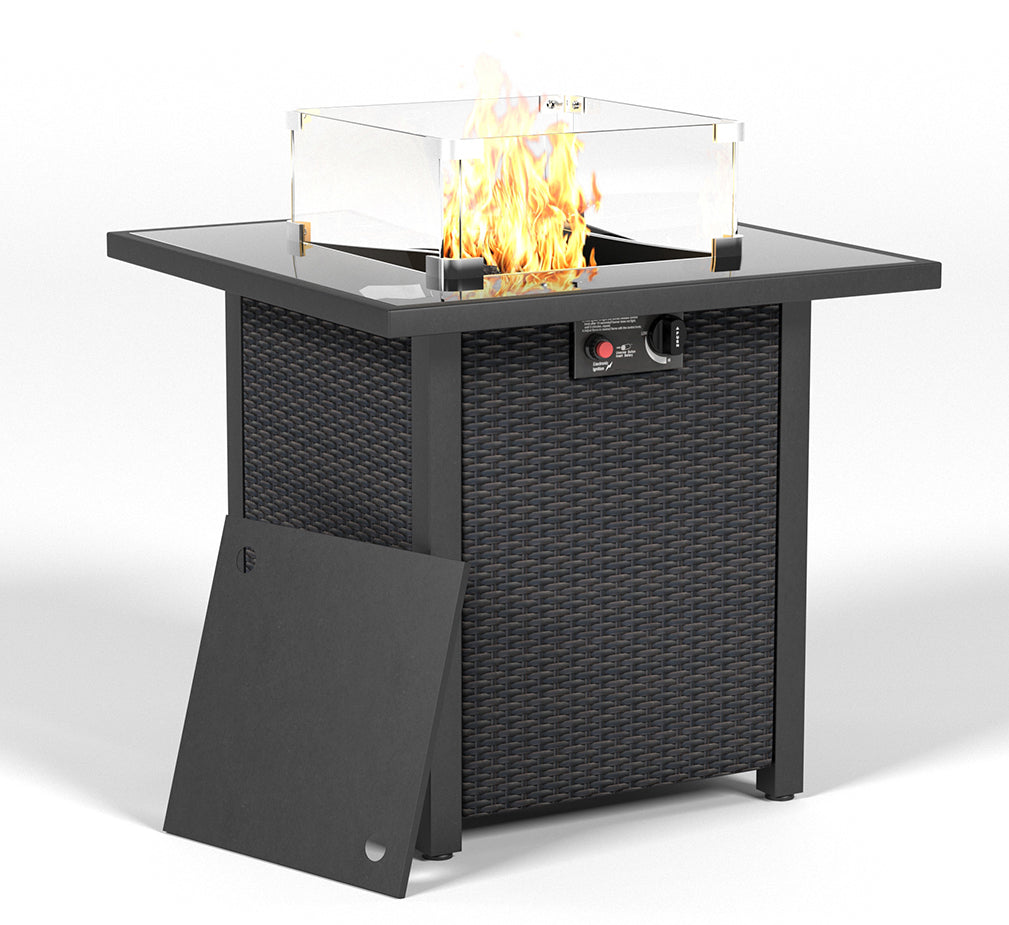 28 Inch Propane Fire Pit Table, Rattan & Wicker Look, 50000 Btu Gas Firepits Tempered Glass Tabletop With Glass Windscreen Protector For Outside Patio And Garden Coffee Coffee Garden & Outdoor