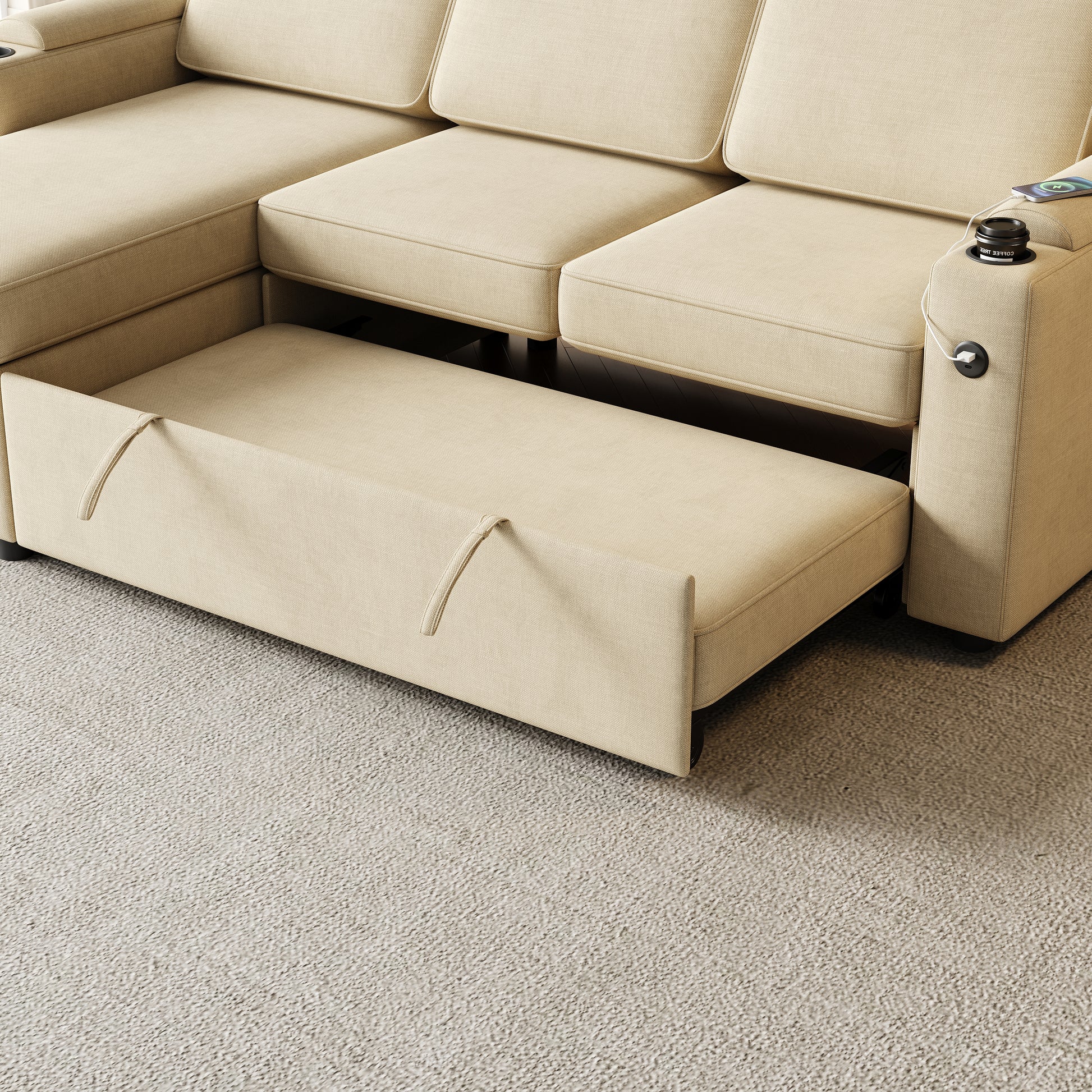 Mh85.8" Sleeper Sofa, Sofa Bed 2 In 1 Pull Out Sofa Bed With Storage Sofa, Sofa Sleeper With Pull Out Bed With Charging Port Beige Primary Living Space Eucalyptus Polyester Fabric 3 Seat